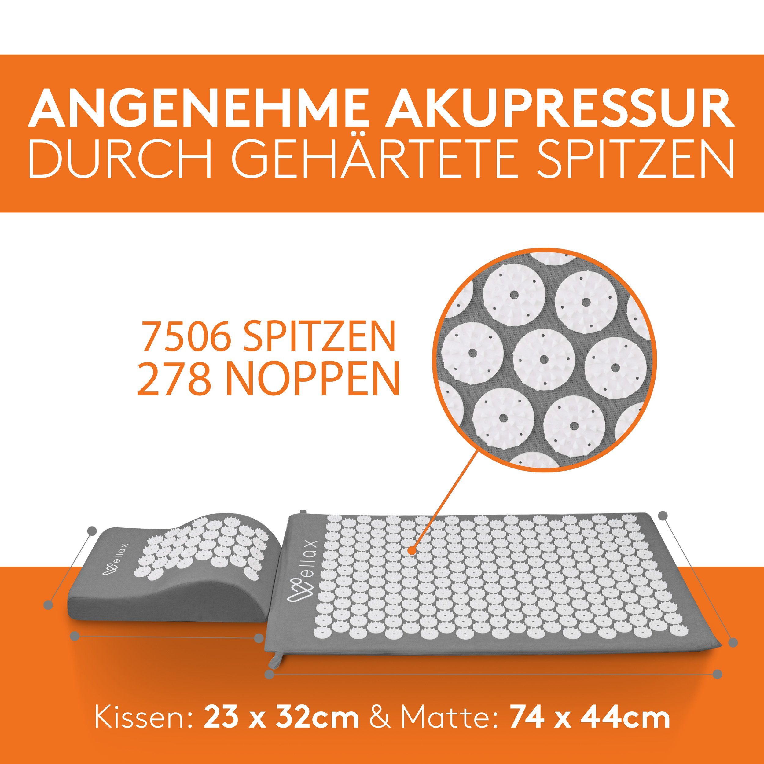 Wellax Akupressurmatte Akupressurmatte mit Kissen - Gefüllt mit 100% Kokosfasern