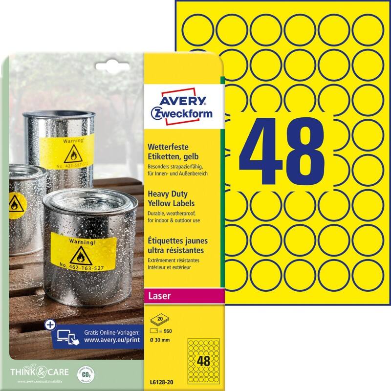 AVERY Zweckform Wetterfeste Etiketten L6128-20 Selbsthaftend DIN A4 Gelb 20 Blatt à 48 Etiketten