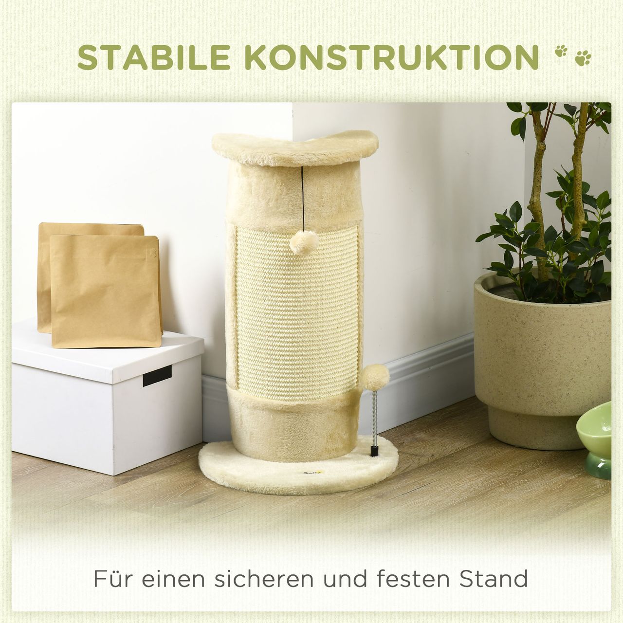 PawHut Kratzstamm, 58cm Kratzsäule für Katzen, Katzenkratzbaum mit Kratzball