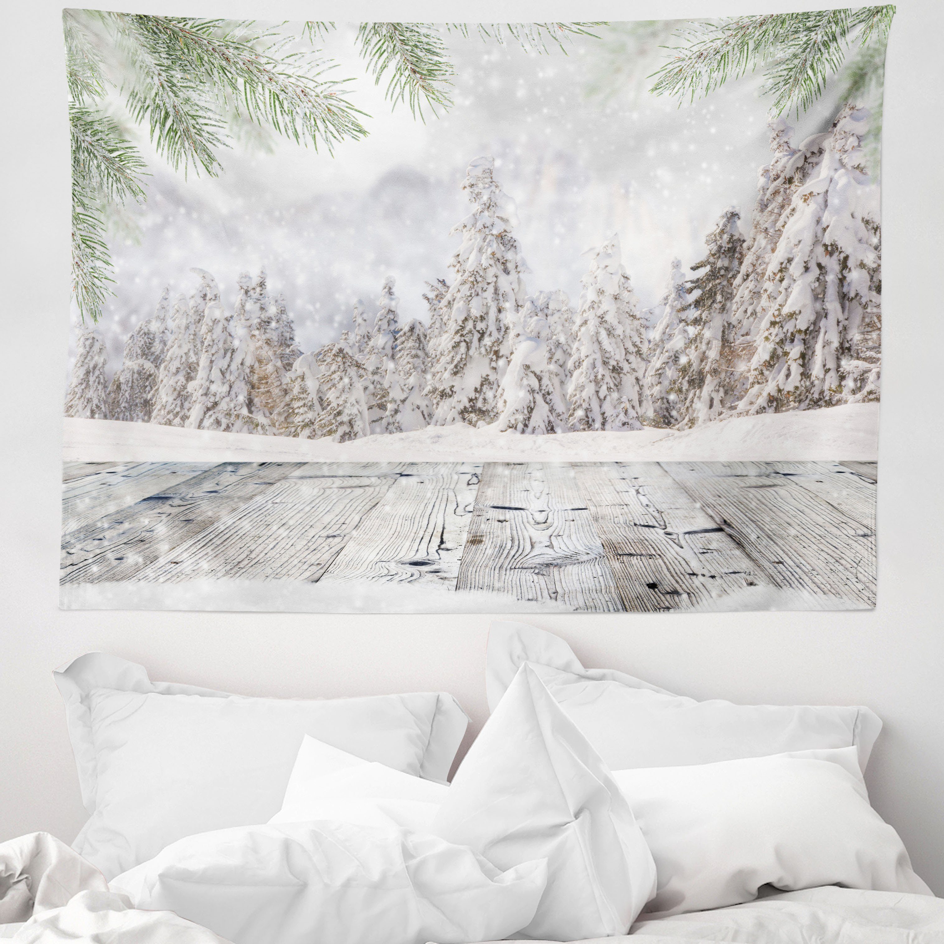 Wandteppich aus Weiches Mikrofaser Stoff Für das Wohn und Schlafzimmer, Abakuhaus, rechteckig, Winter Hölzerne Oberfläche Bild