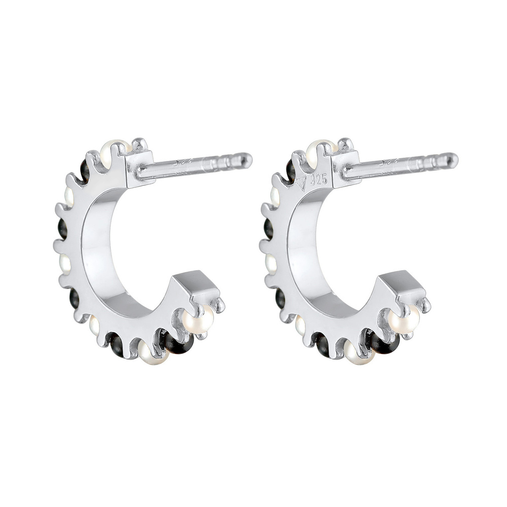 Elli Elli Boucles d'Oreilles Créoles Femme Perle Noir-Blanc Classique en argent sterli Boucles d'oreilles