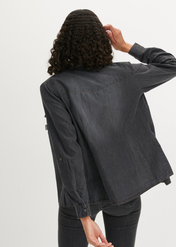 Jeansbluse mit Druckknöpfen, Langarm