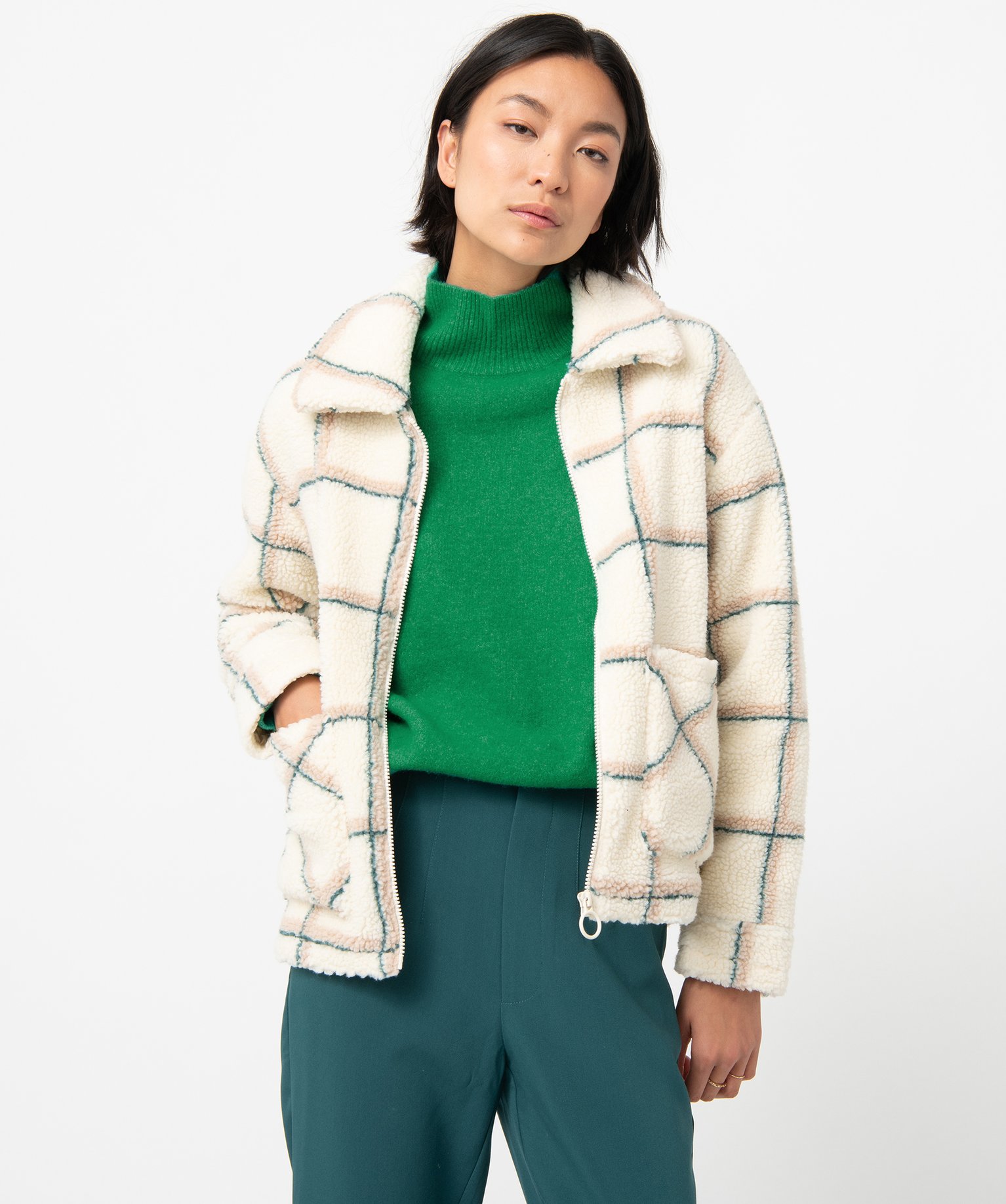 Veste femme en sherpa à carreaux carreaux | GEMO