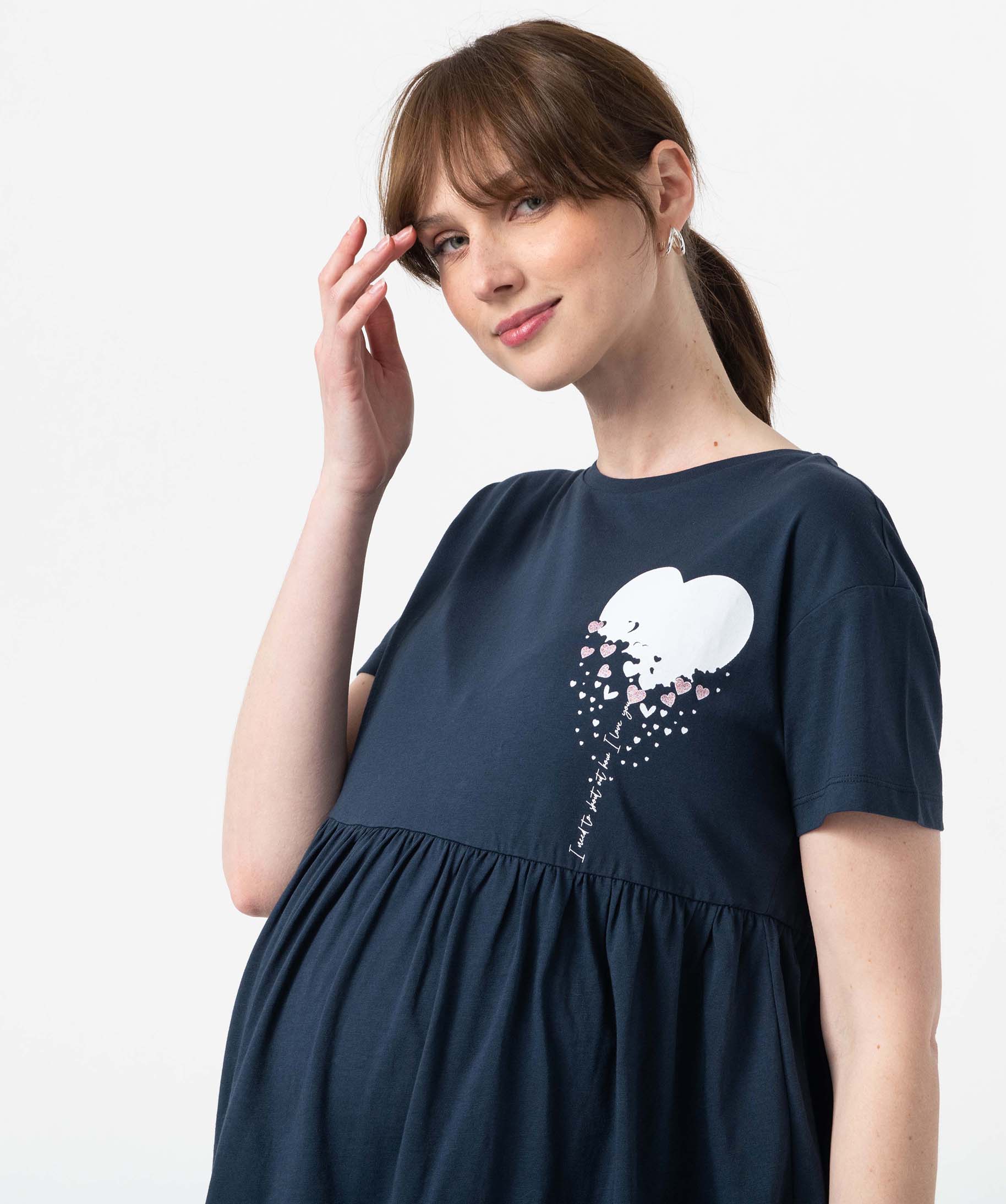 Tee-shirt de grossesse à motif avec large volant dans le bas bleu | GEMO