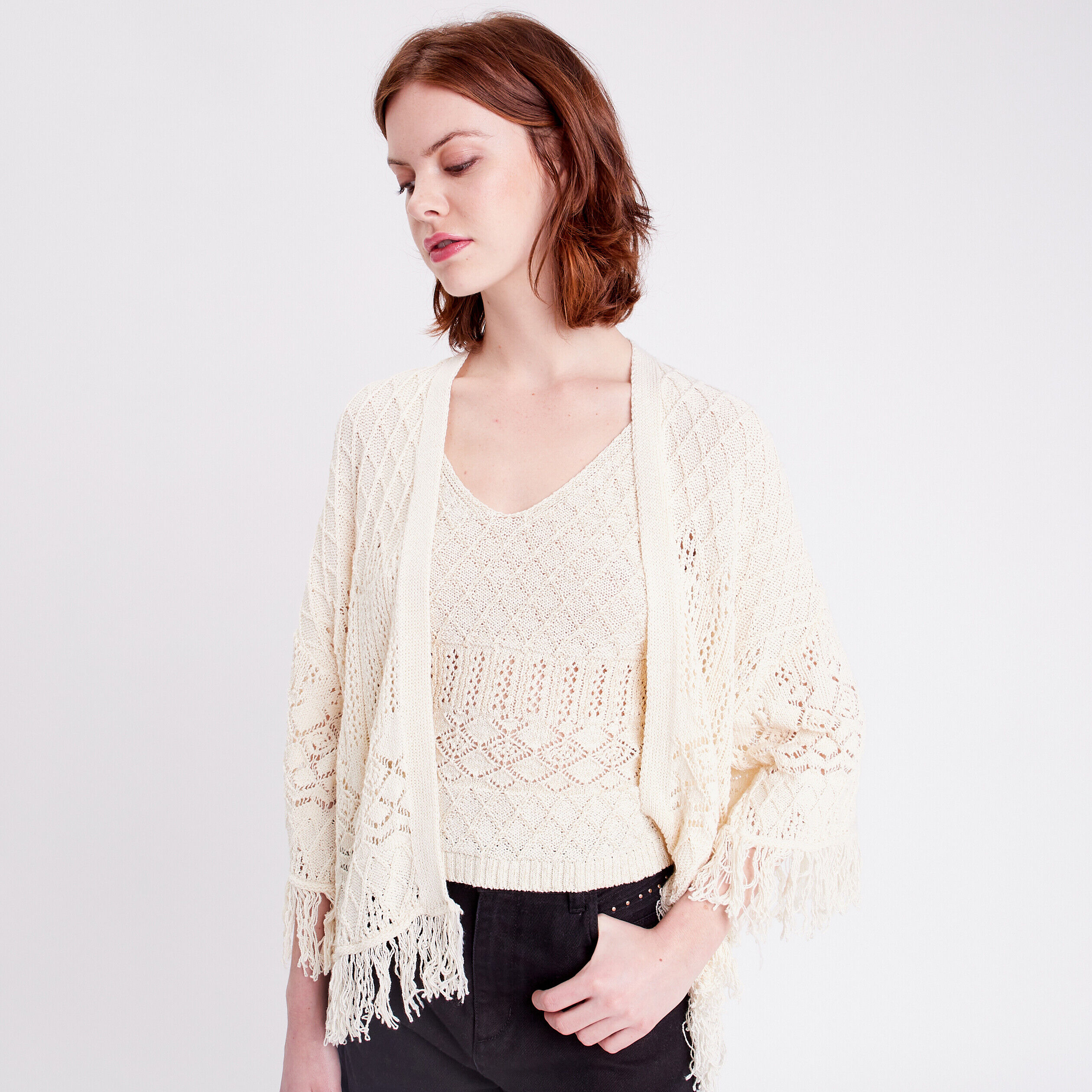 Gilet esprit kimono franges ecru femme | Cache Cache