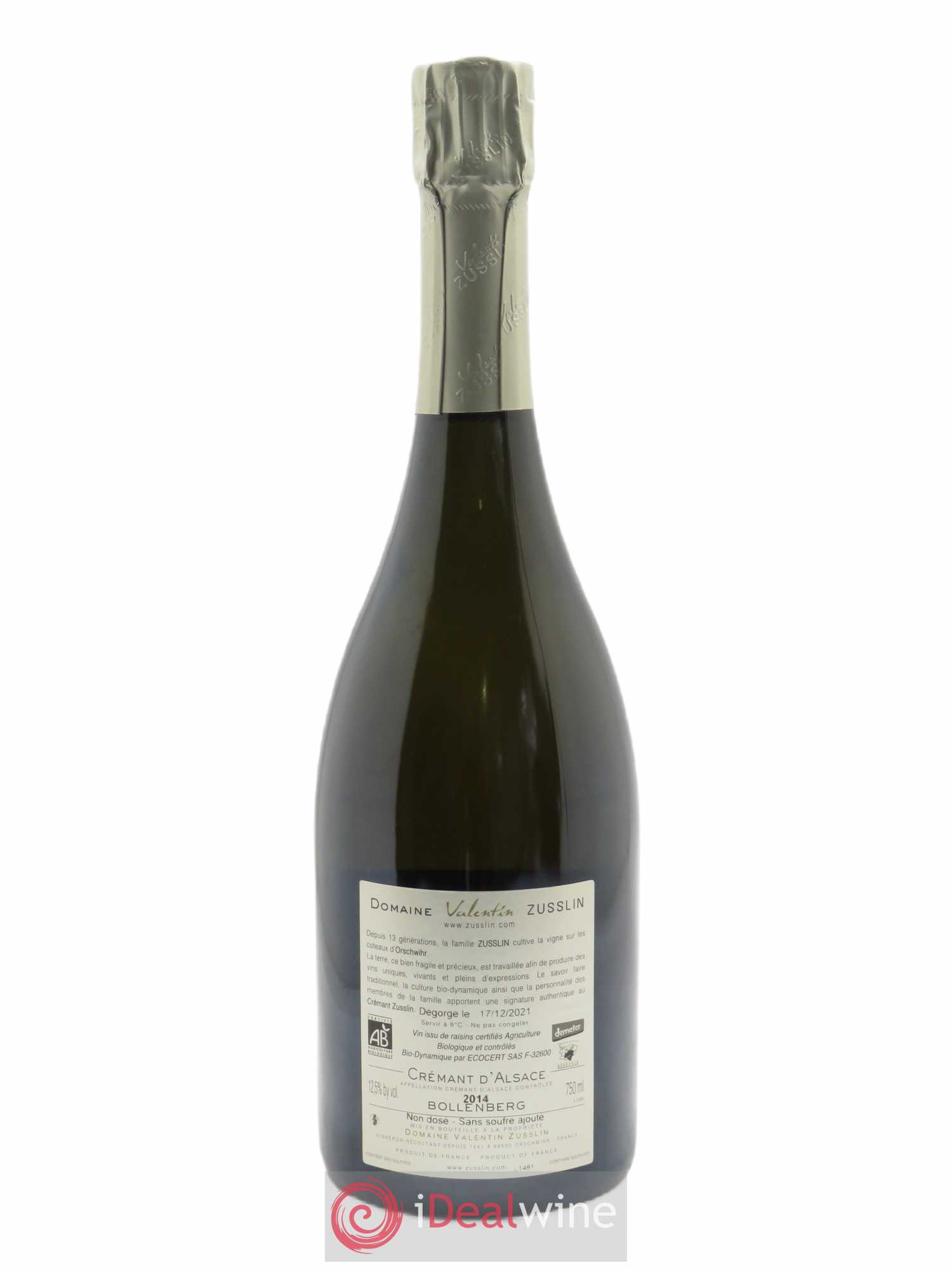 Crémant d'Alsace Bollenberg Brut Zéro Sans Soufre Valentin Zusslin (Domaine)  2014 - Lot de 1 Bouteille