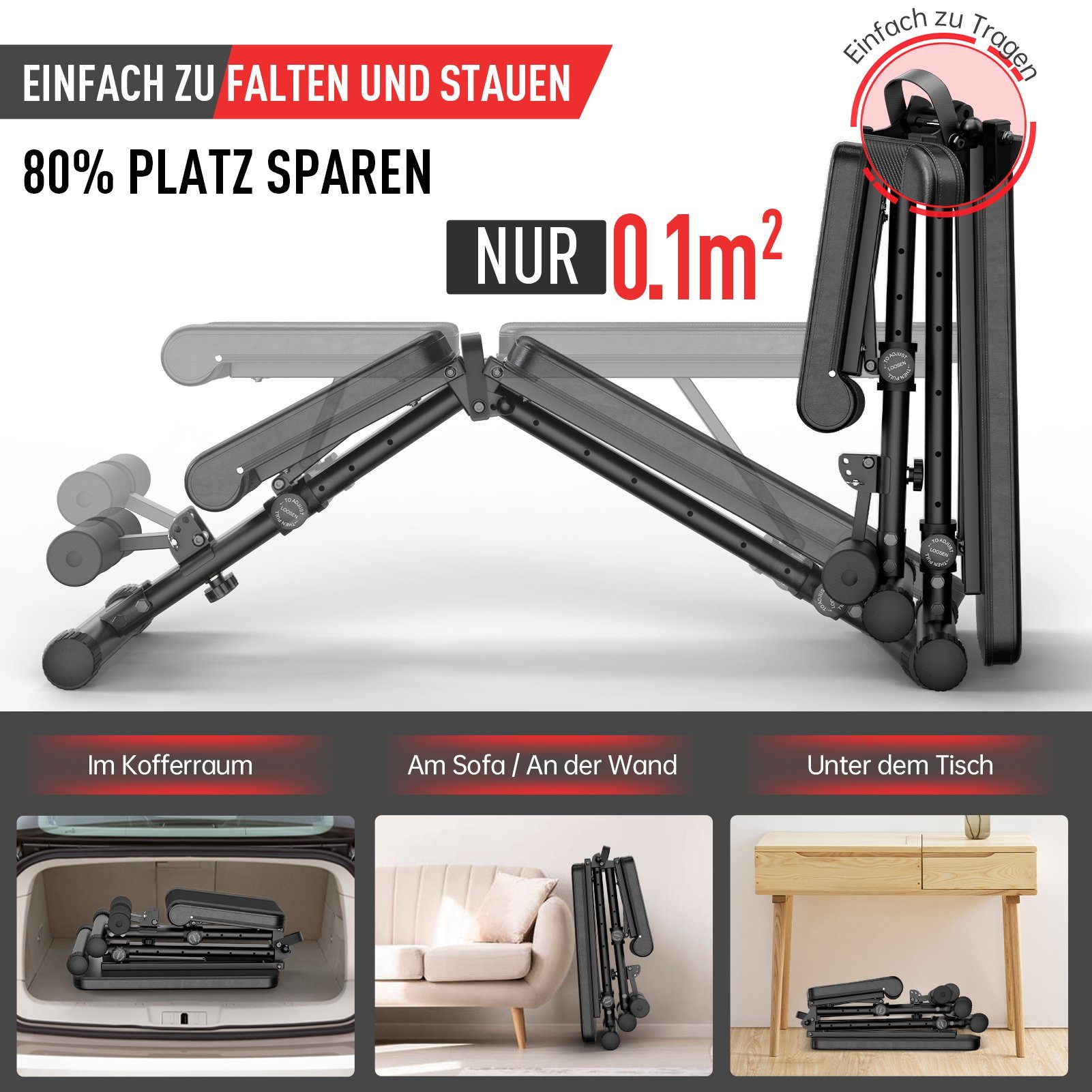 JOROTO Hantelbank Verstellbare Klappbare Hantelbank MD35, Trainingsbank mit Ein-Knopf-Faltdesign, 318KG Belastung