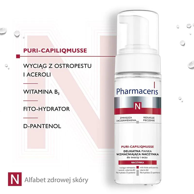 „Pharmaceris N Puri-Capilium“ švelnios veido ir paakių valomosios putos, stiprinančios kapiliarus.