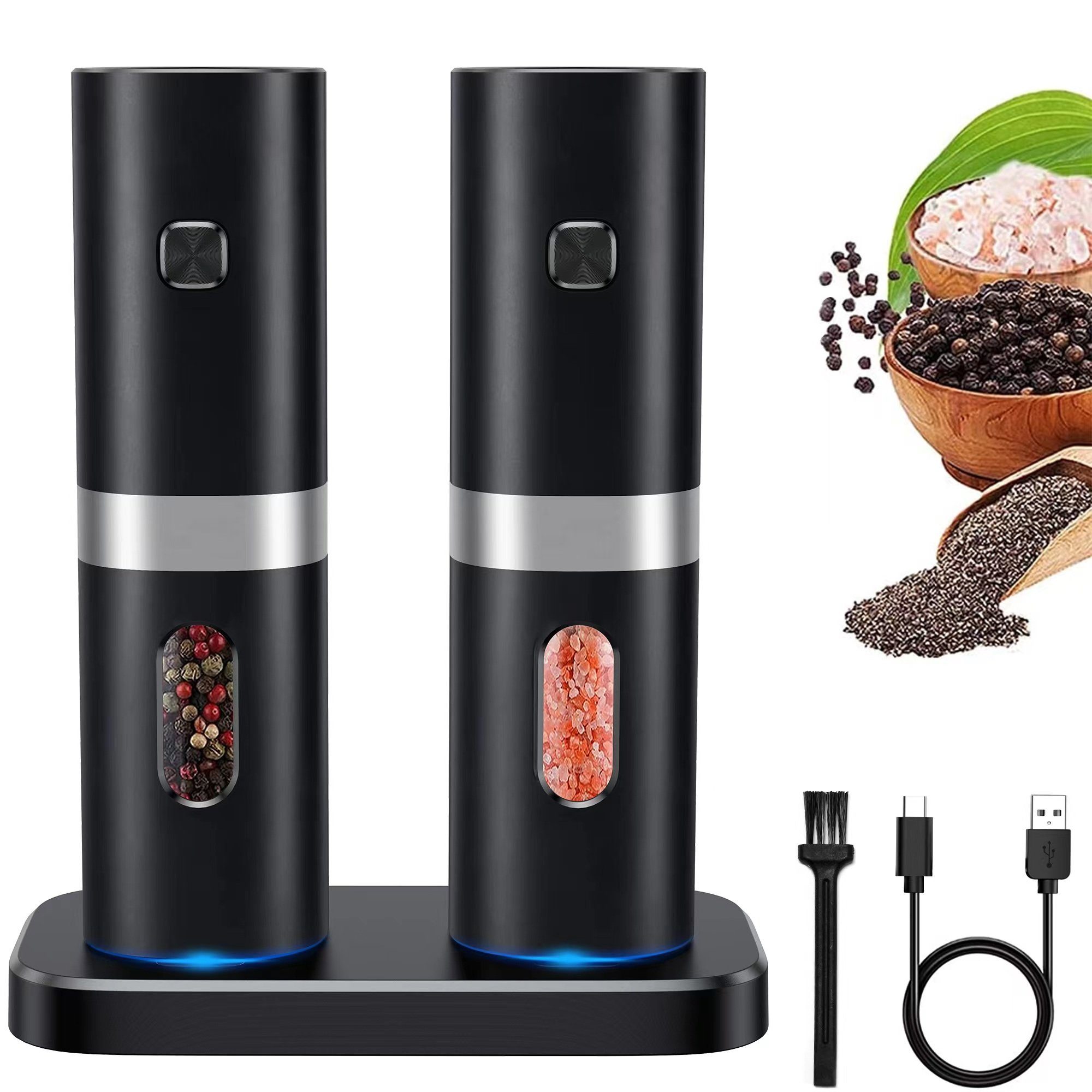 Tisoutec Salz-/Pfeffermühle Salz und Pfeffermühle Salzmühle 2er Set Elektrisch USB Aufladbar Gewürzmühle mit Keramikmahlwerk,Adjustable Gewürzmühle mit Wiederaufladbare Batterie und LED Indikator,Chilimühle Grinder