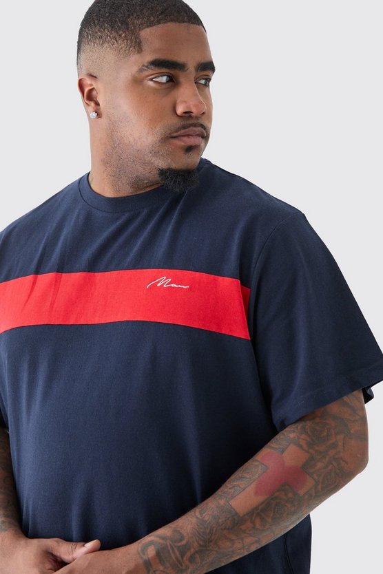 Plus dunkelblaues Colorblock T-Shirt mit Man-Schriftzug