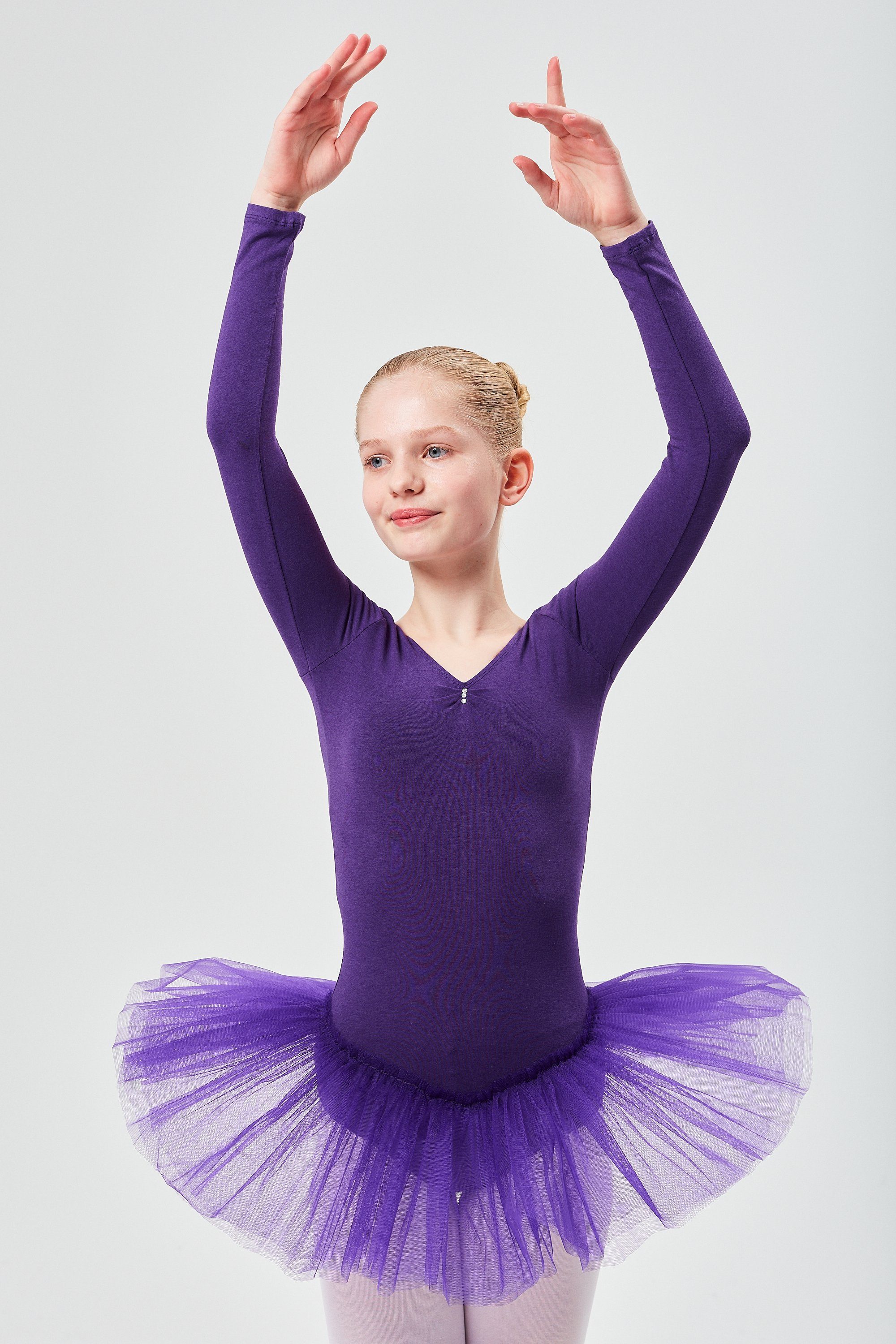 tanzmuster Tüllkleid Ballett Tutu Romy mit Glitzersteinen Langarm Ballettkleid aus weicher Baumwolle mit Tüllrock für Mädchen