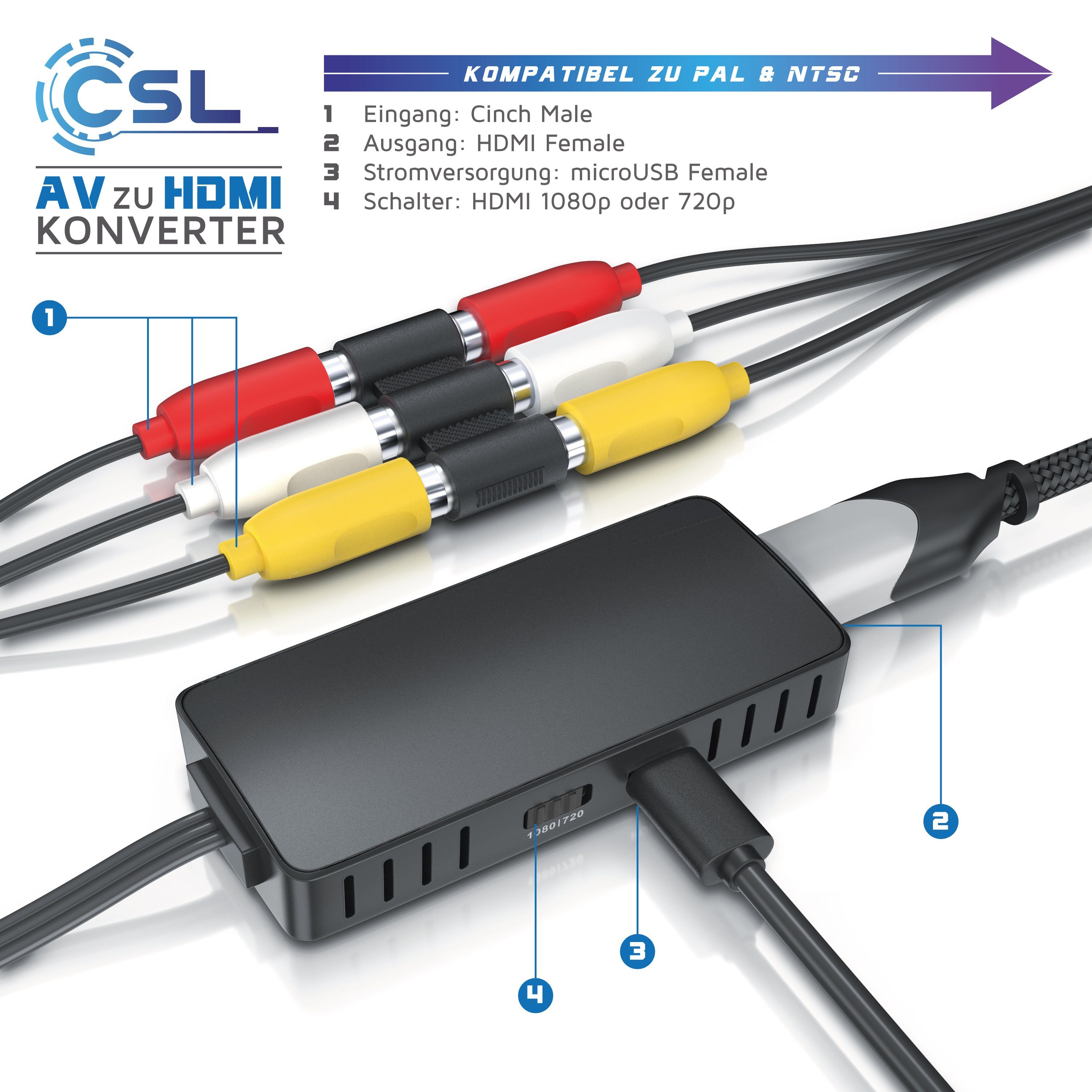 CSL Video-Adapter USB Typ A zu HDMI Typ A, Component-Video, Cinch, RCA Konverter, AV Composite, kompatibel zu Pal NTSC, 720p 1080p FullHD
