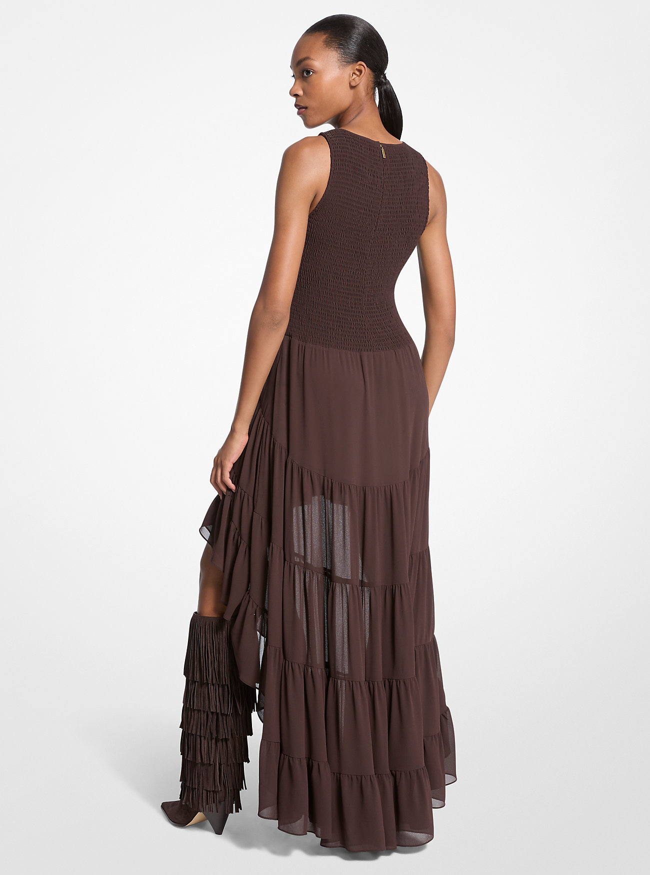 Georgette Smocked High-Low Kjole - SJOKOLADE