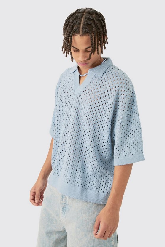 Kurzärmliges kastiges Strick-Poloshirt in Blau