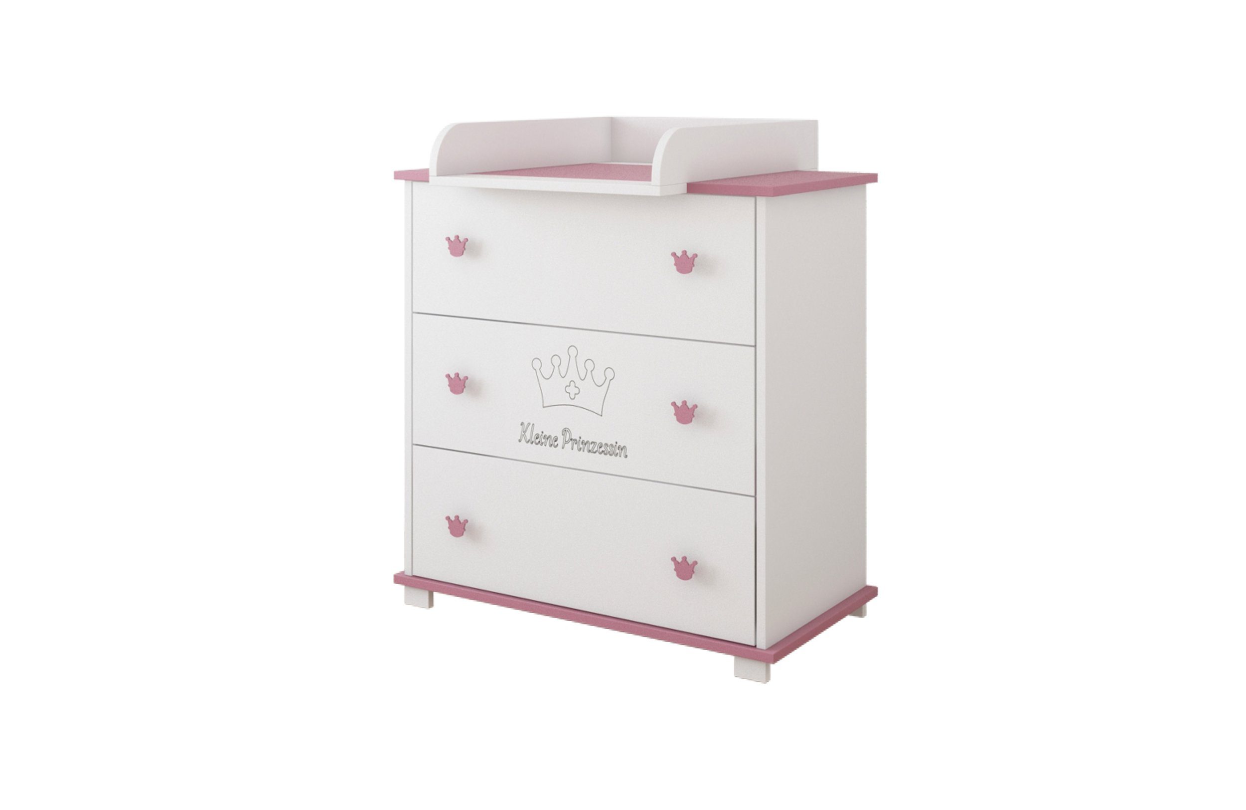 Kids Collective Wickelkommode Kommode Wickeltisch mit Wickelaufsatz mit 3 Schubladen, Kleine Prinzessin Gravur in weiss pink Mädchen Made in Europe