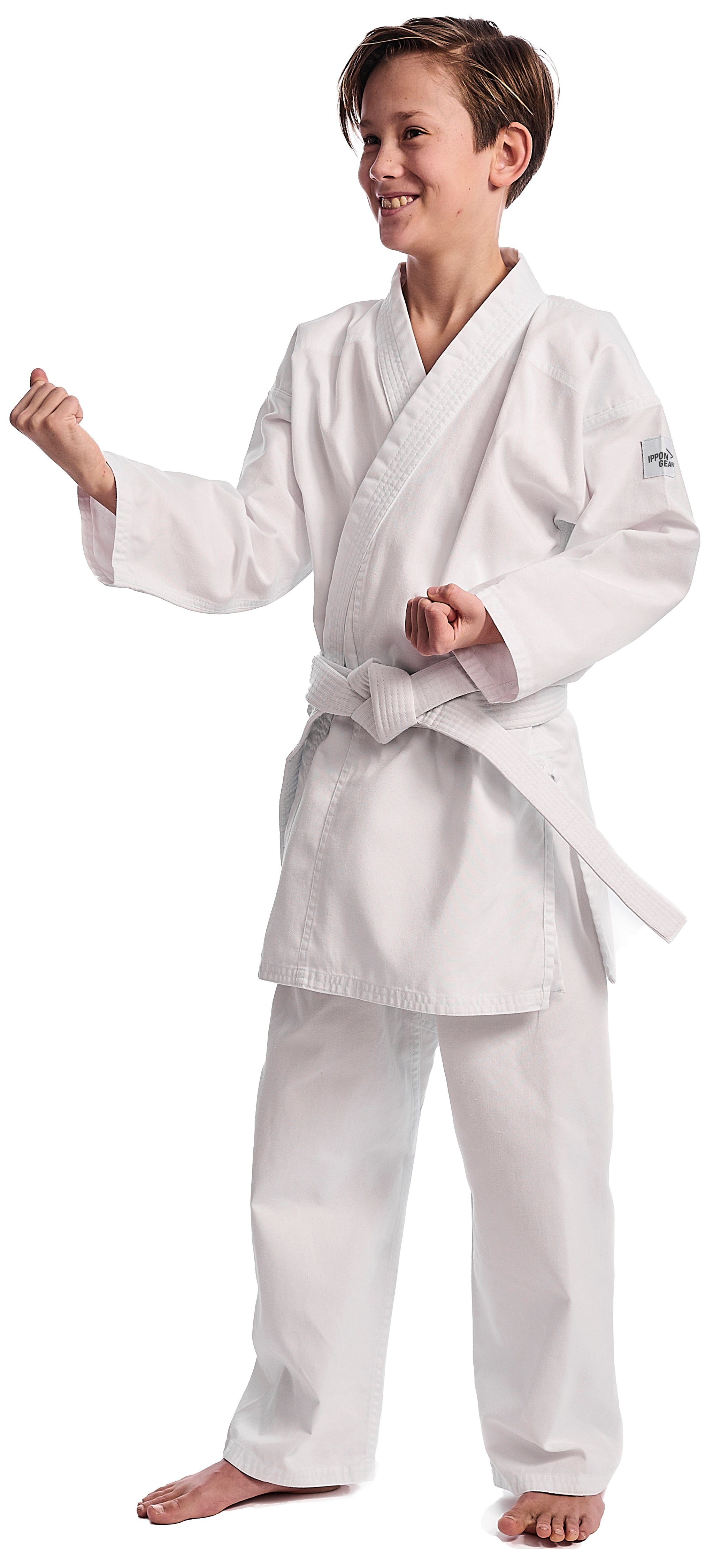 IPPONGEAR Karateanzug Club 2 (Einsteiger & Kinder Karateanzug), inkl. weißem Gürtel I Schnürbund I 220gr/m² (8 oz) Stoffdichte