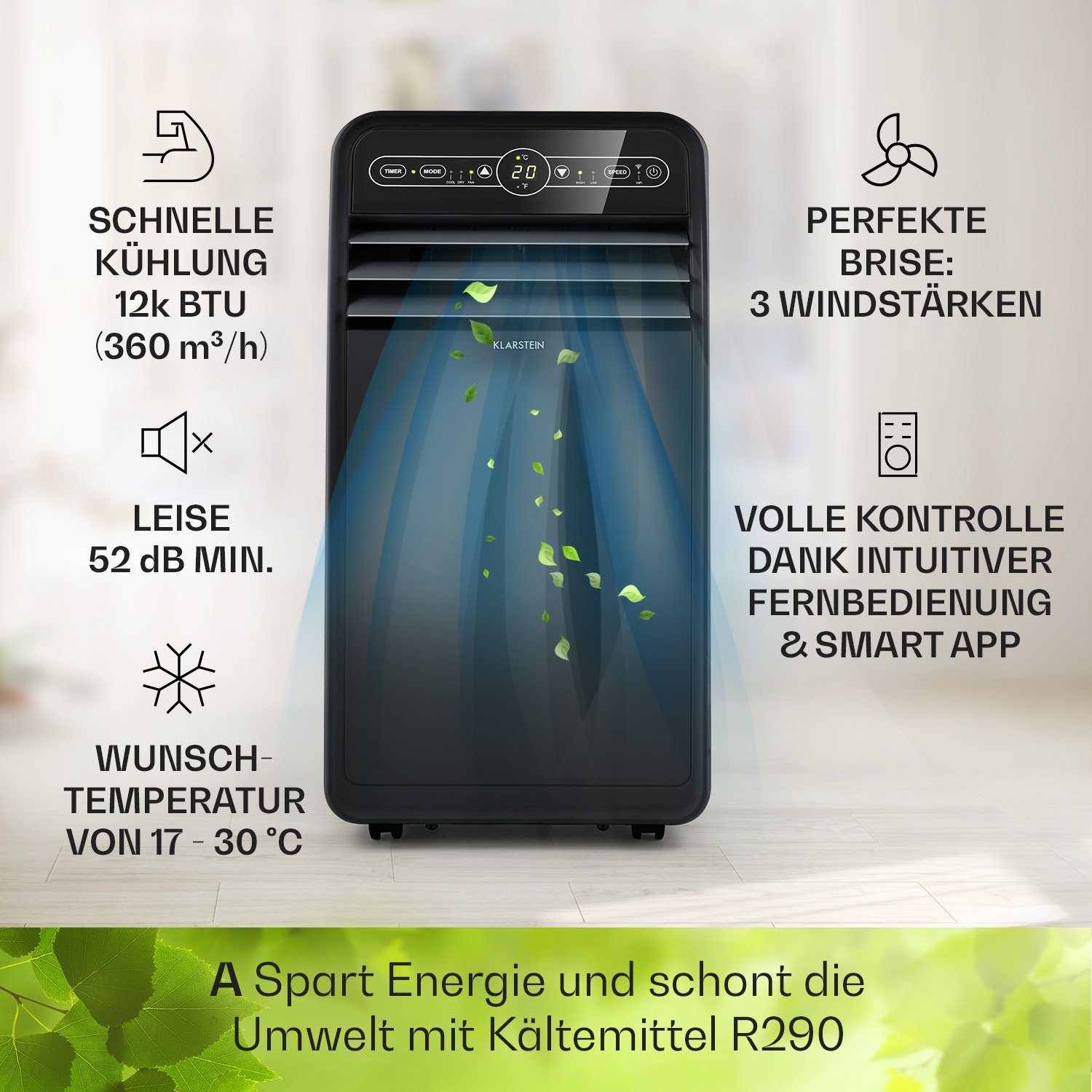 Klarstein Klimagerät Metrobreeze New York Smart 12k, Klimagerät mobil Air Conditioner Kühlgerät Luftkühler