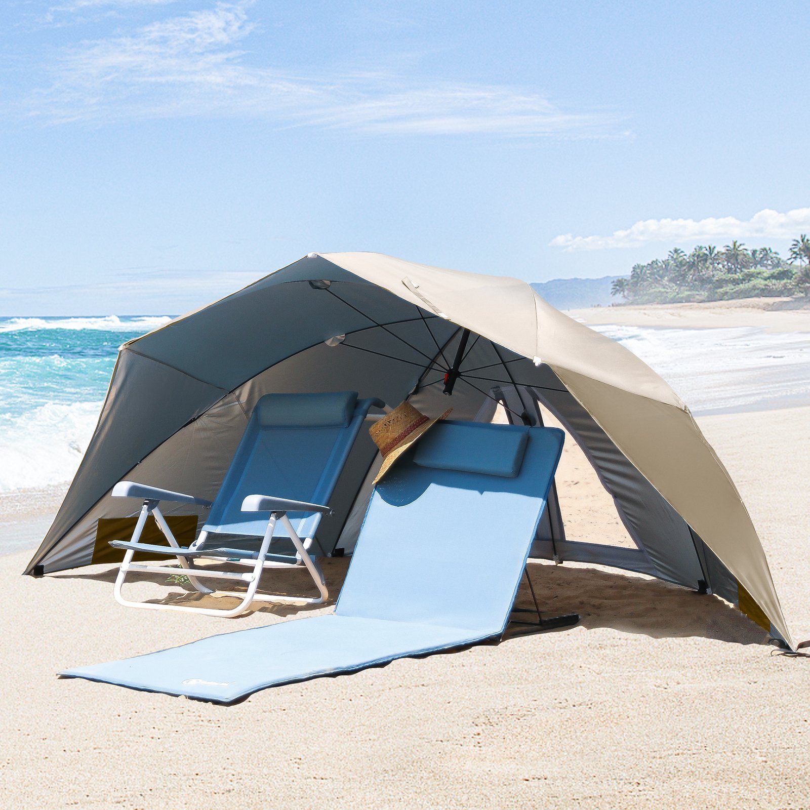 HOMECALL Strandmuschel mit umbrella system UV-resistentes 50+ Khaki, Umfunktionieren zum Sonnenschirm Strandschirm, für 2-3 Personen