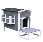 PawHut Katzenhaus Katzenhütte Katzenhöhle Kleintierhaus mit Terrasse und Balkon für Katzen Hunde Tannenholz Grau   Weiß 115 x 66,5 x 74,7 cm
