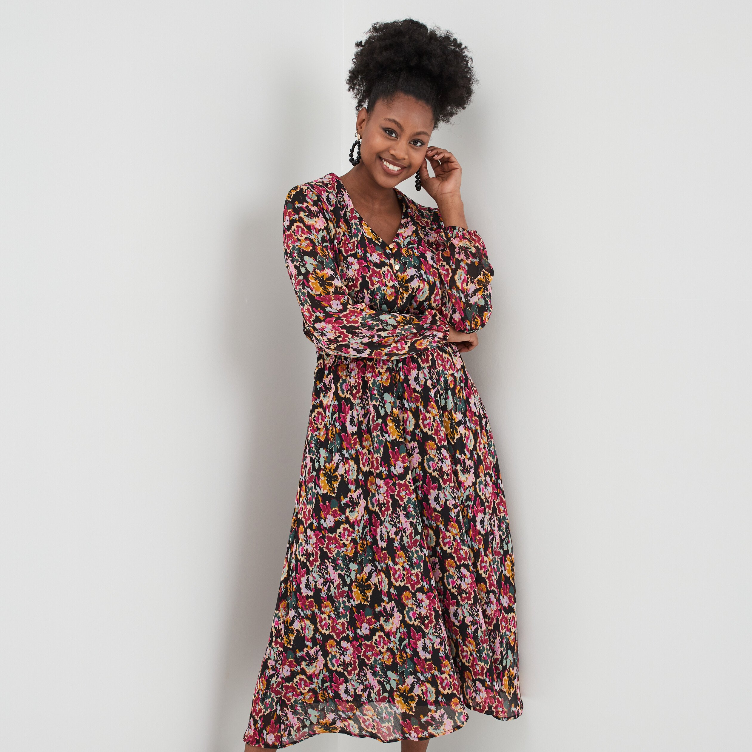 Robe longue taille smockée noir femme | La Halle