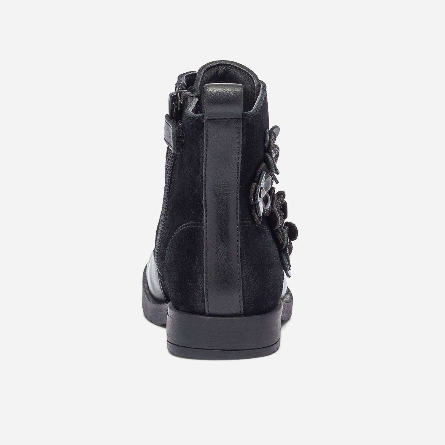 Bottine noire bi matière avec décor fleurs