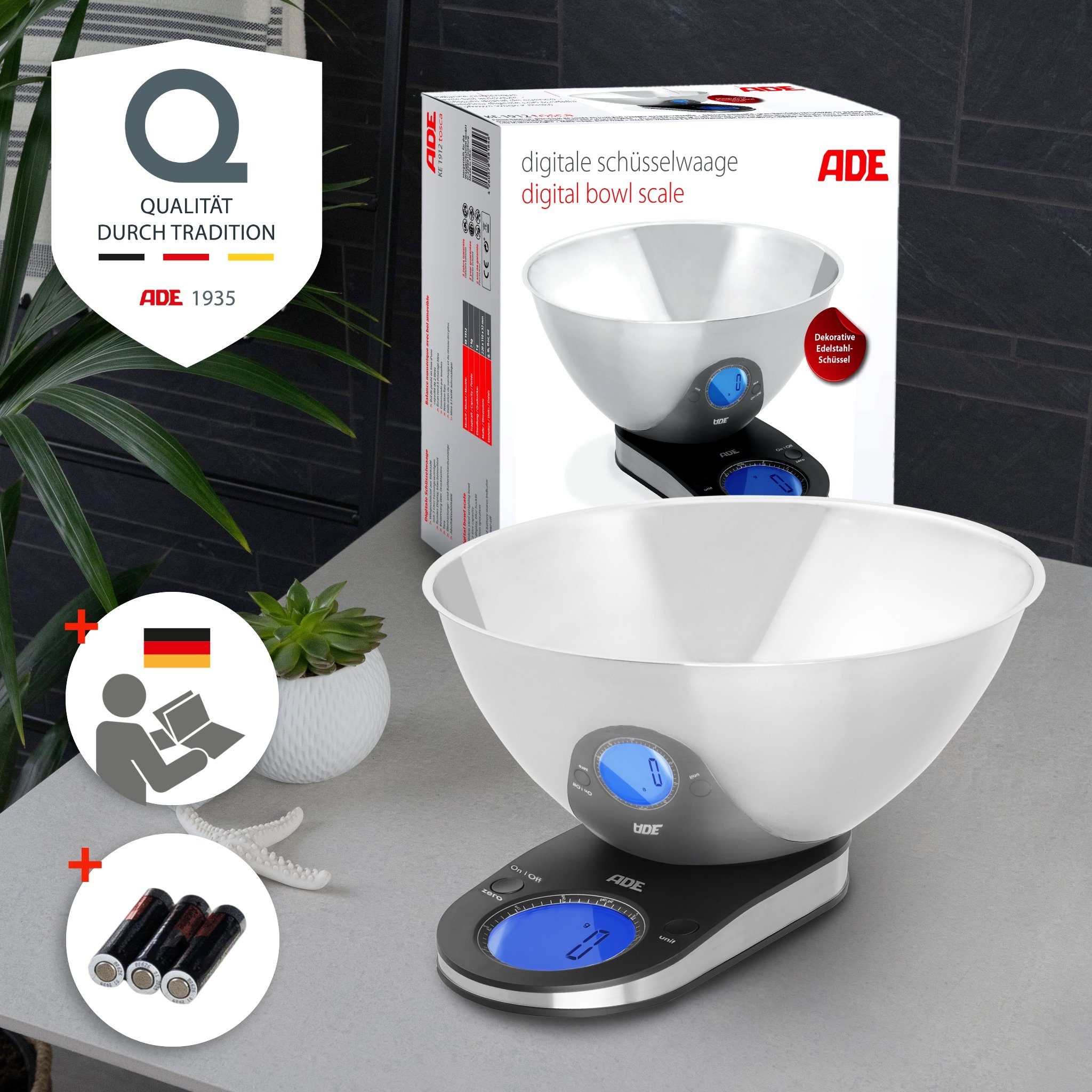ADE Schüsselwaage Küchenwaage mit abnehmbarer Edelstahlschüssel, (2-tlg), mit anderen Schüsseln verwendbar, bis 5 kg