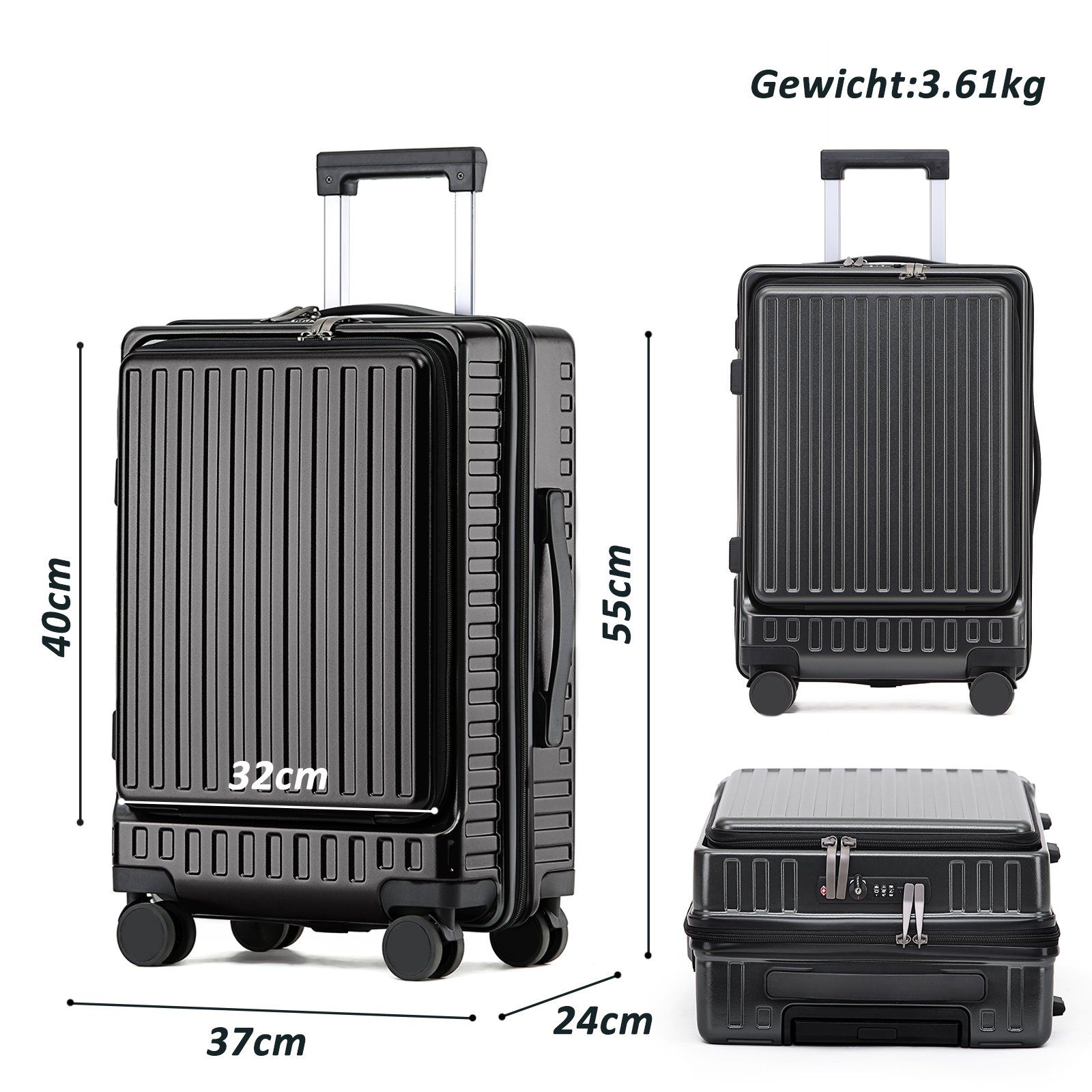 CALIYO Business-Trolley Handgepäck mit Laptopfach Hartschalen Trolley, Business Trolly, Roll-Reisekoffer 4 Doppel-Rollen, 45 cm, 36 L, Schwarz/Dunkelgrau