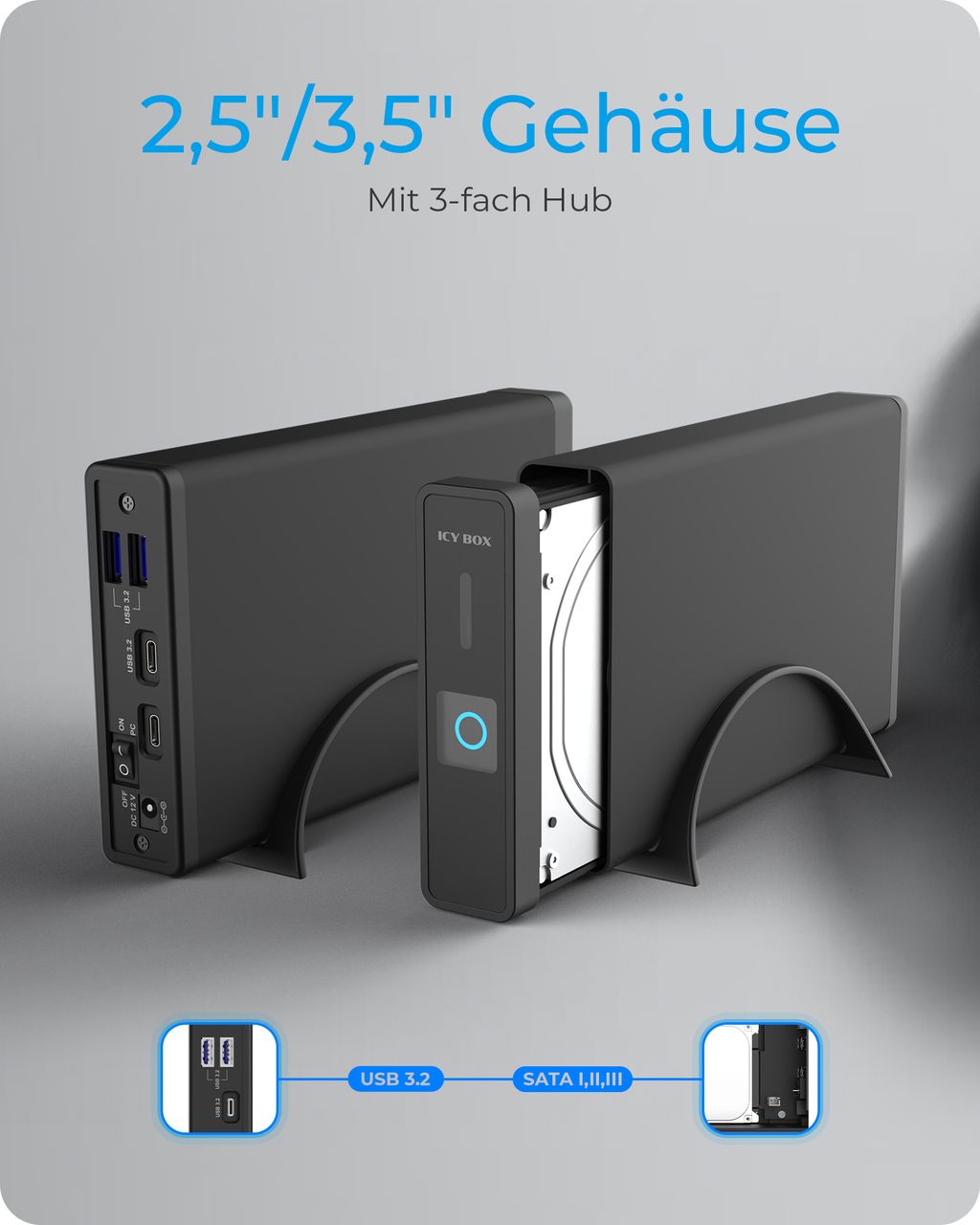 ICY BOX IB-382H-C31, Gehäuse für 1x HDD/SSD mit USB 3.2 (Gen 2) Type-CAnschluss und USB Hub