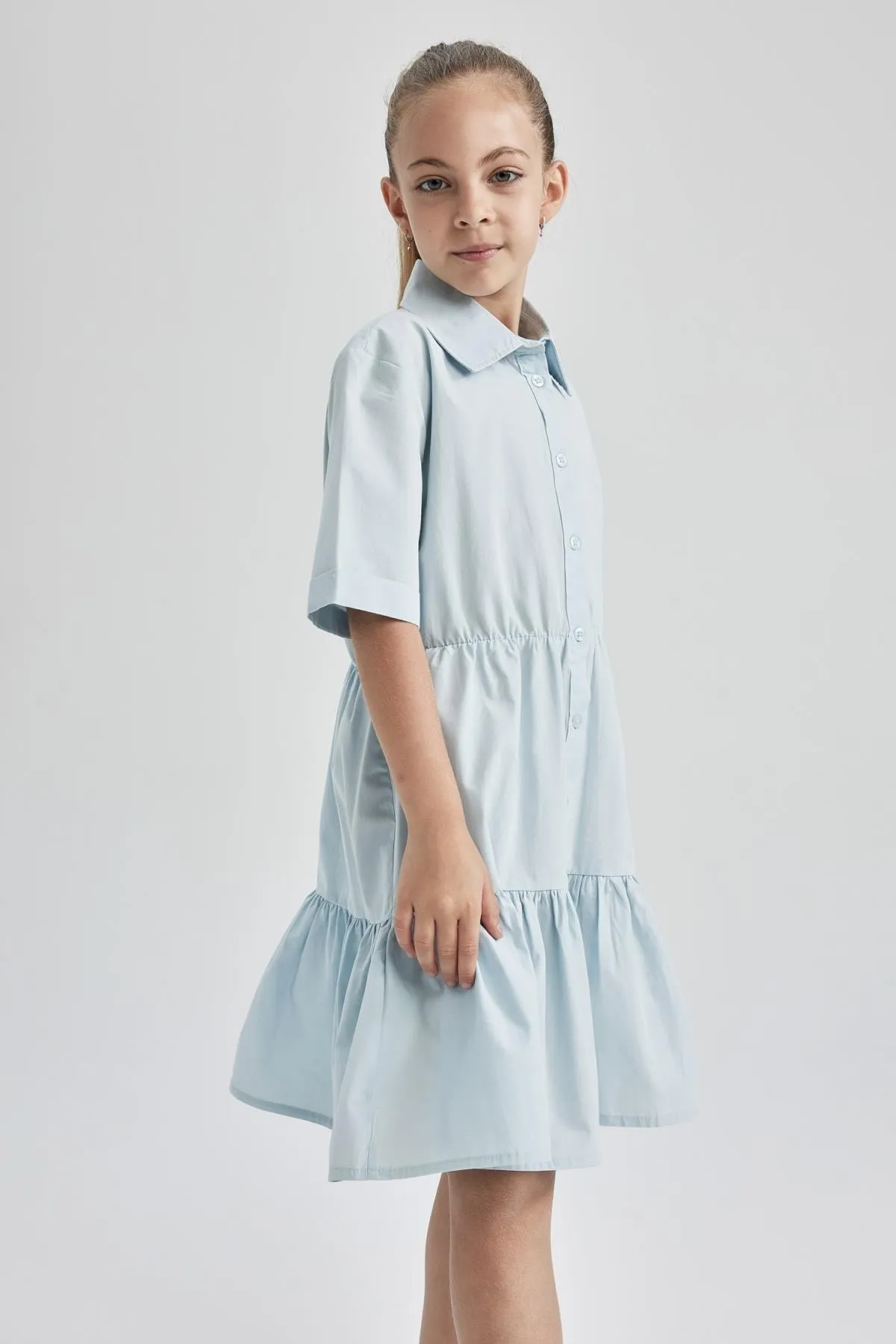 DeFacto  Kurzarm-Midikleid aus Baumwollpopeline mit normaler Passform und Hemdkragen für Mädchen