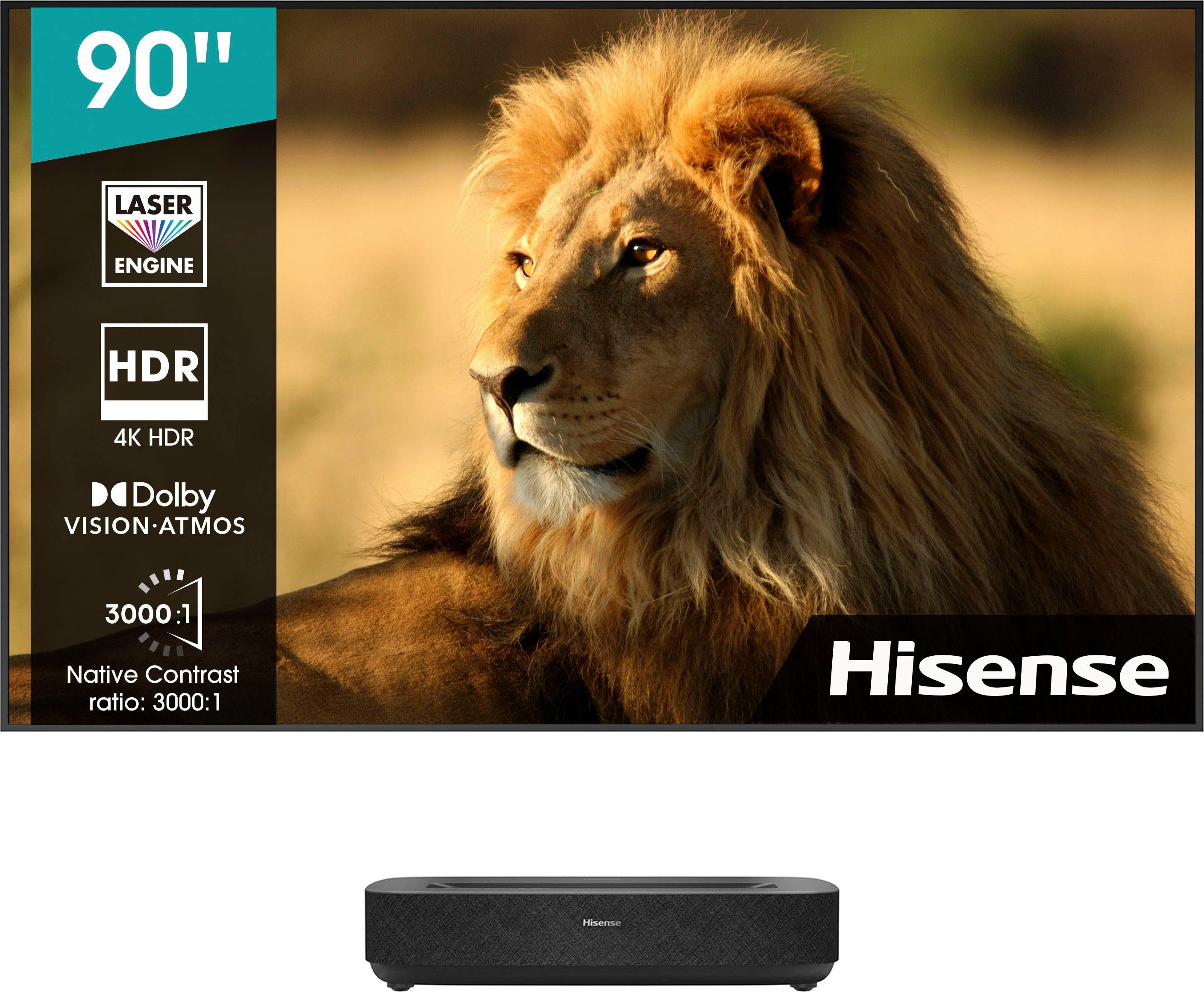 Hisense Hisense 90L5HD Daylight Screen (90 Zoll) Laser Projektor DLP-Beamer (2100 lm, 3840 x 2160 px, 4K, HDR, Game Mode, Dolby Atmos)