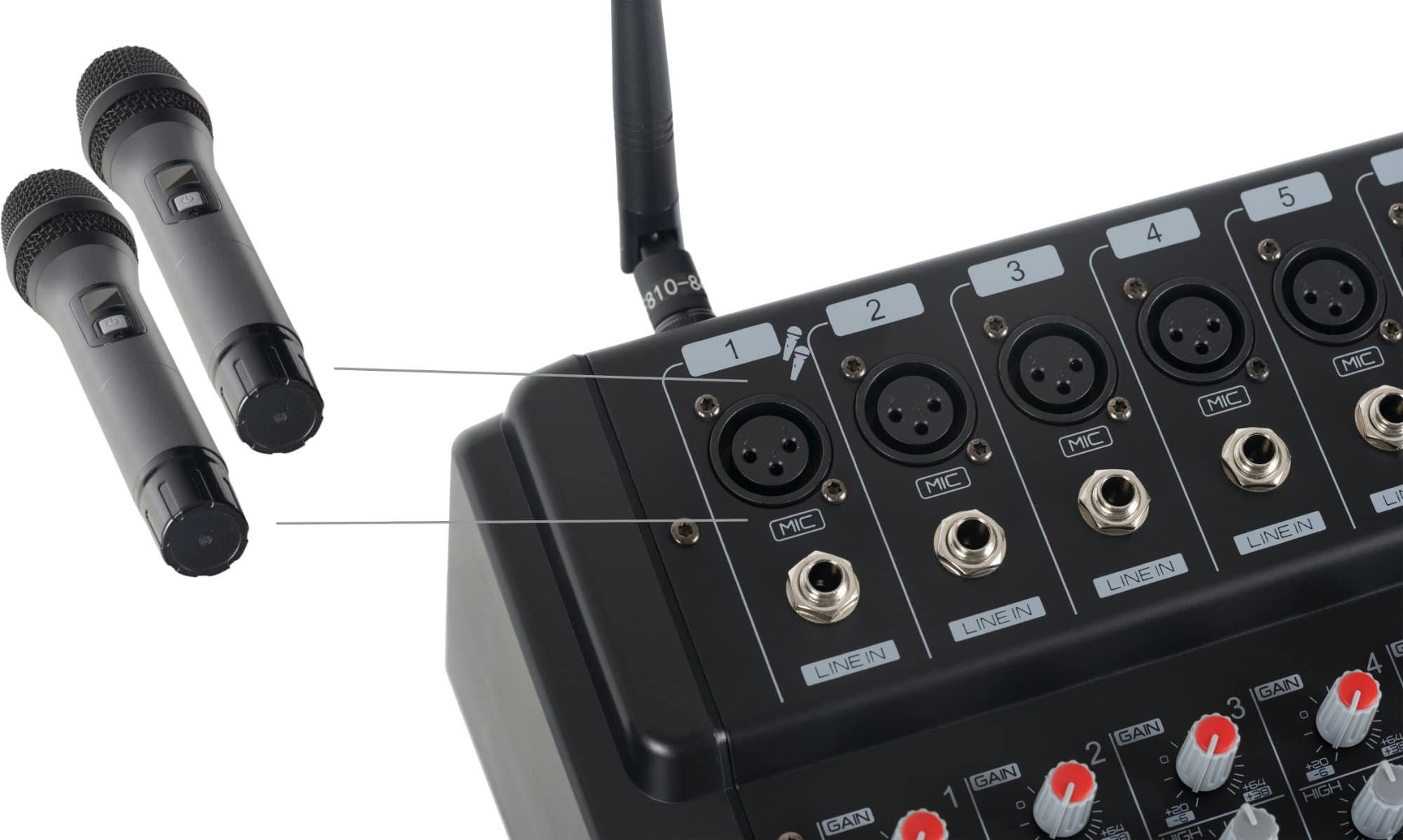 Pronomic Mischpult 12-Kanal-Powermischer 760 Watt RMS-Leistung, (inkl. 2 Funkmikrofone und im Mixer integrierter UHF-Empfänger), Bluetooth®/USB-Player/Recorder - Grafischer Equalizer