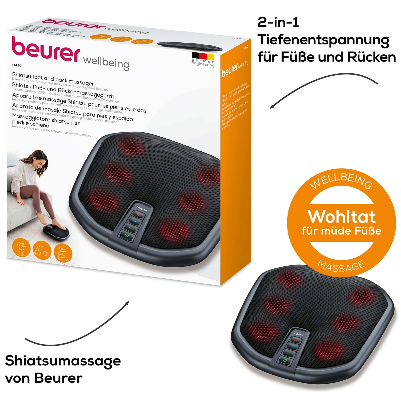 Beurer FM 70 Shiatsu Fuß- und Rückenmassagegerät-Shiatsu Massagegerät mit zuschaltbarer Wärmefunktion und 3 Geschwindigkeitsstufen
