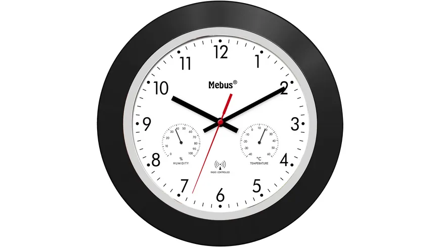Mebus Funk-Wanduhr mit Thermo-/Hygrometer Ø 30 cm schwarz