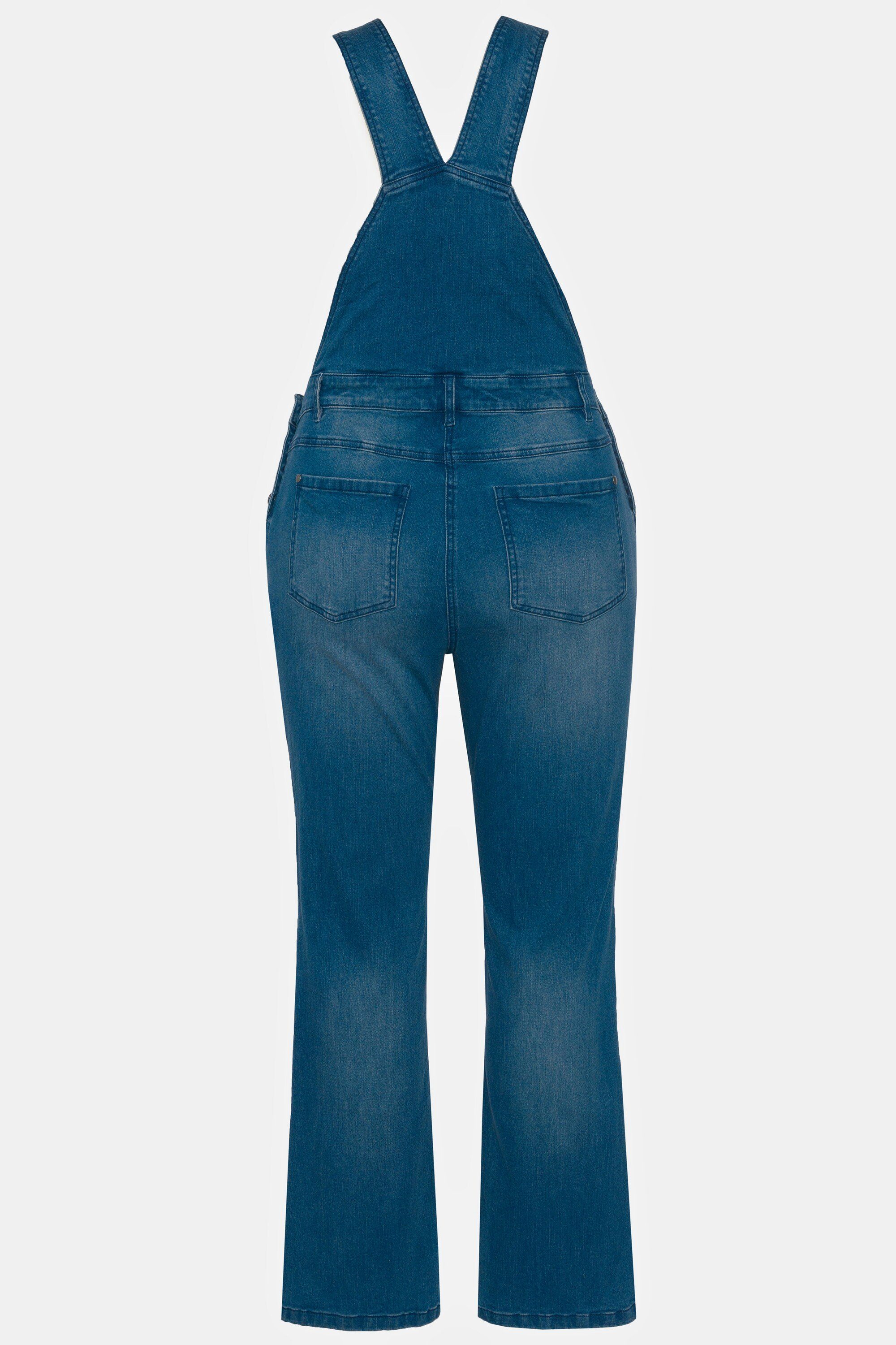 Ulla Popken Funktionshose Jeans-Latzhose ausgestelltes Bein Destroy-Effekt