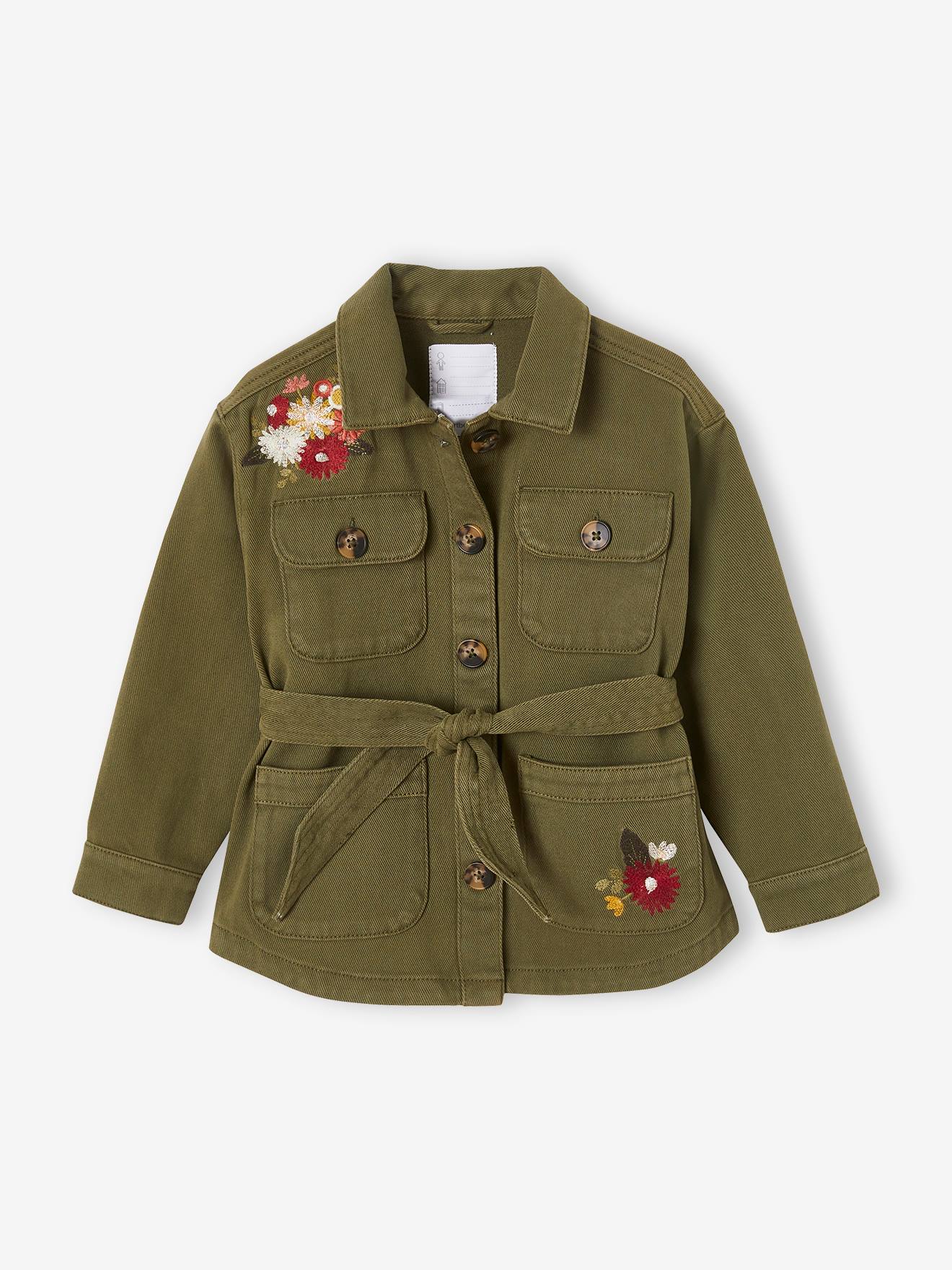 Veste saharienne brodée fleurs fille dark kaki