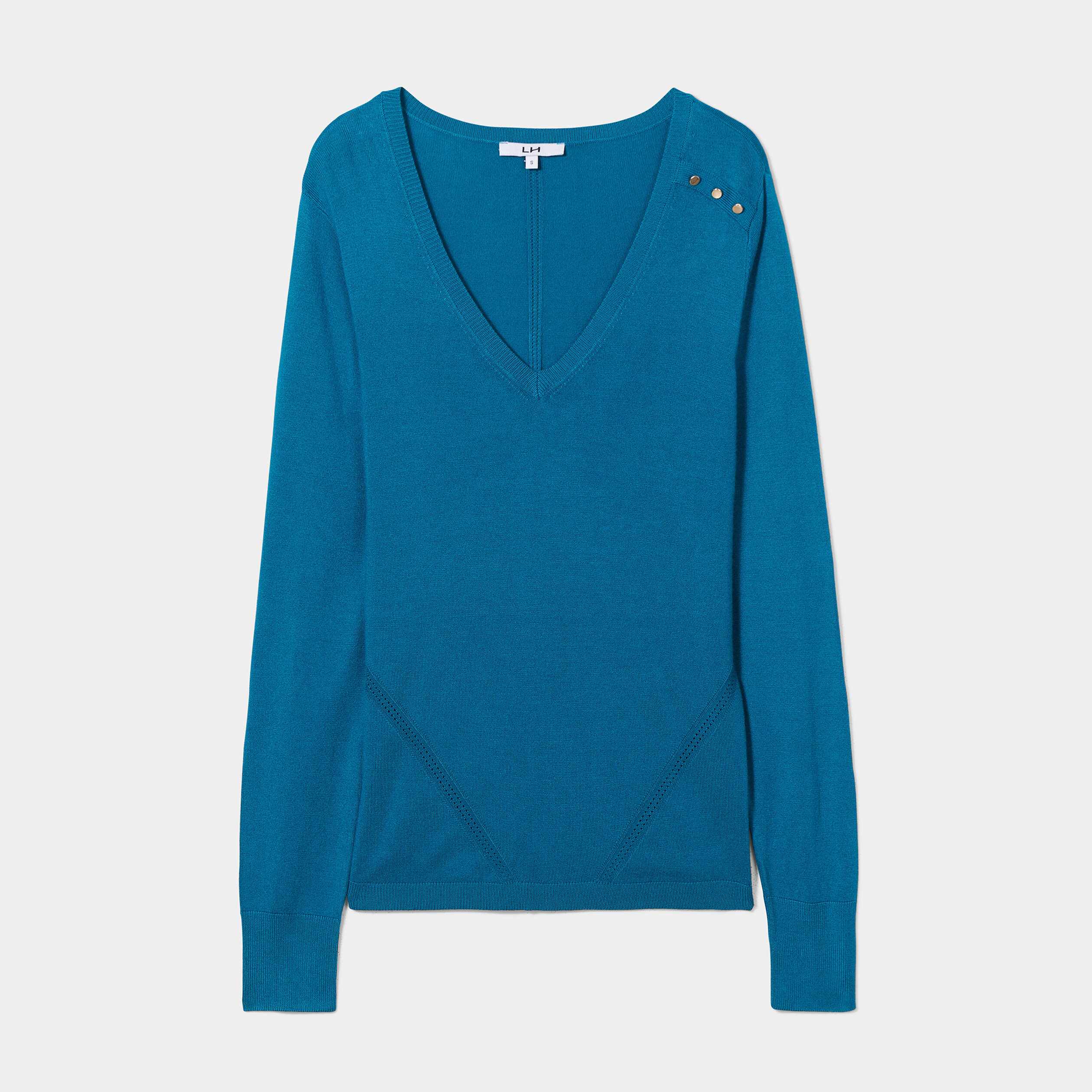 Pull col en V détails ajourés bleu canard femme | La Halle