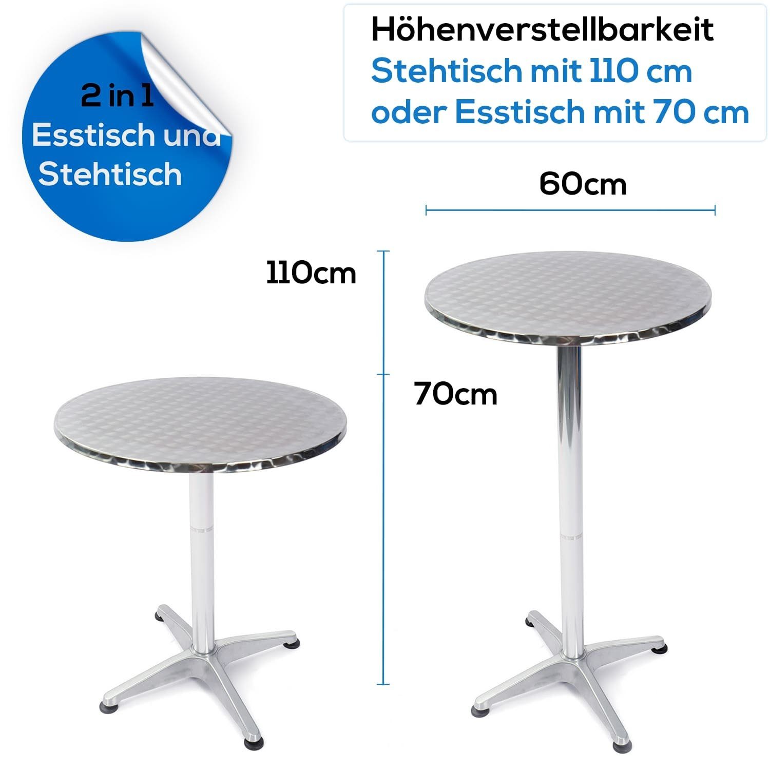 TroniTechnik Klapptisch Stehtisch Bistrotisch klappbar Ø 60cm, Aluminium und Edelstahl (in Weiß aus Aluminium, für Terrasse, höhenverstellbar bis 110cm), 2in1 Ø 60cm, wetterfest