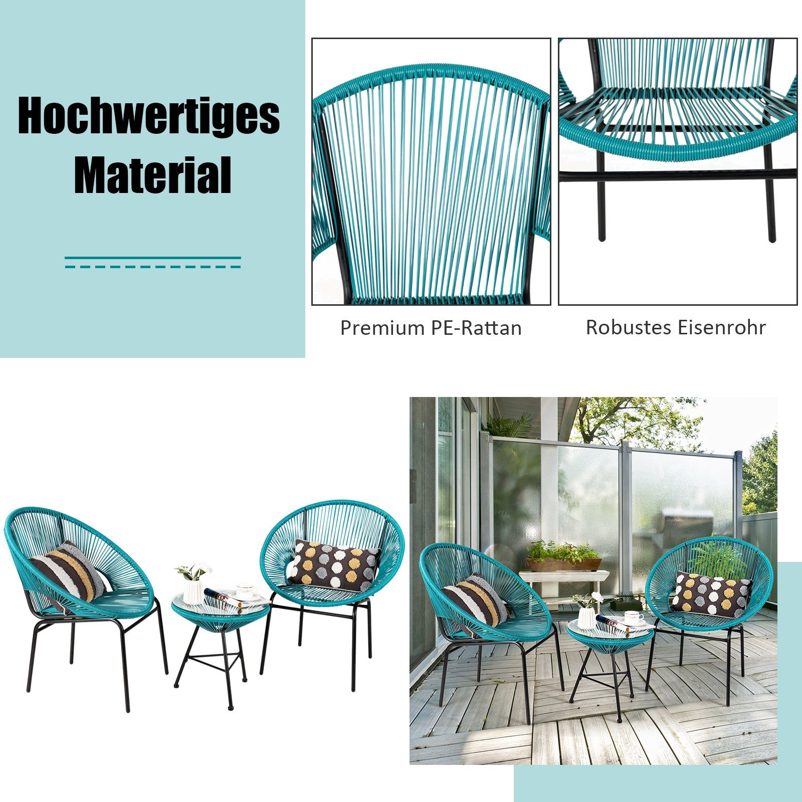 COSTWAY Balkonset, (3-tlg), mit Glastisch & 2 Stühlen, Rattan