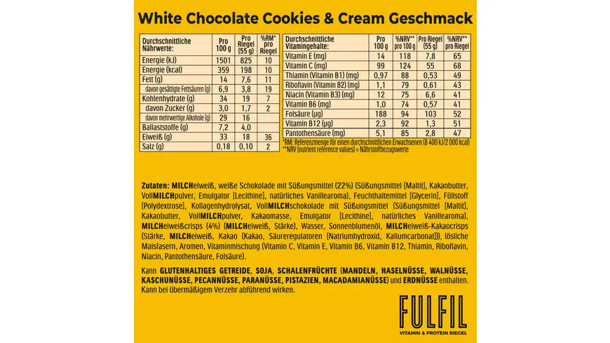 FULFIL Vitamin- und Protein-Riegel White Chocolate, Cookies & Cream Geschmack 55 g