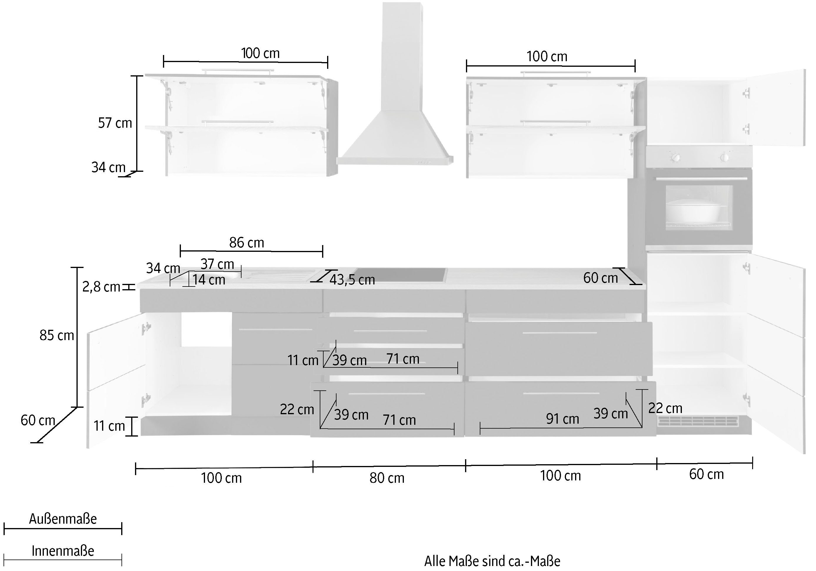 HELD MÖBEL Küchenzeile Wien, Breite 340 cm, wahlweise mit E-Geräten und Induktion