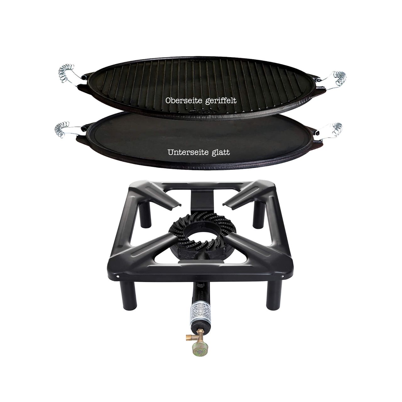 Allgrill Hockerkocher-Set (klein) mit Gusseisen-Grillplatte Ø 38 cm
