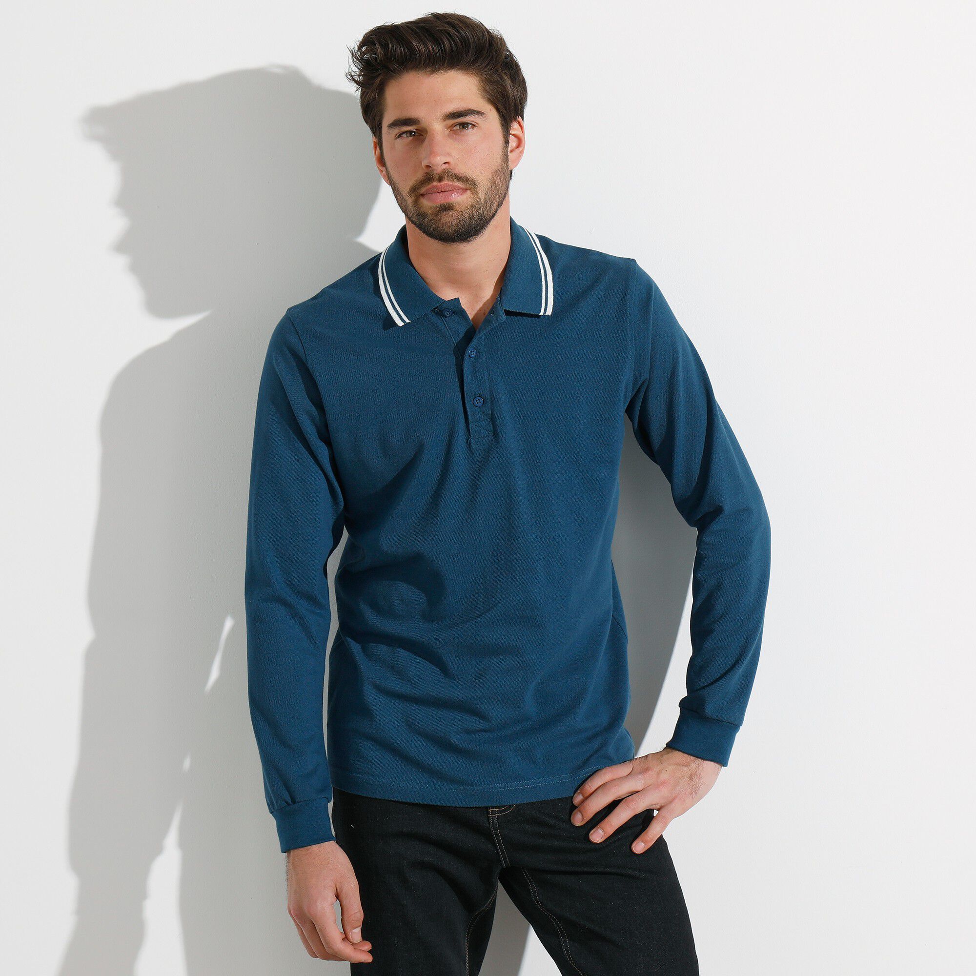Polo uni maille piquée manches longues