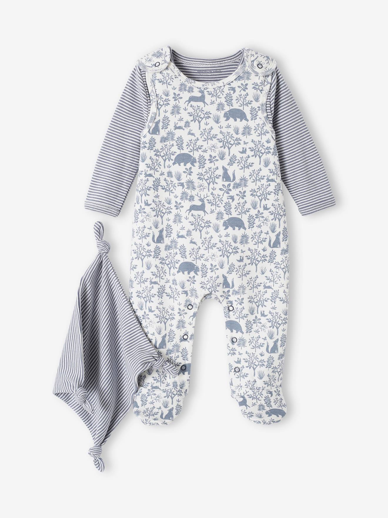 Ensemble naissance 3 pièces : combinaison + body + doudou en coton bio rose poudré