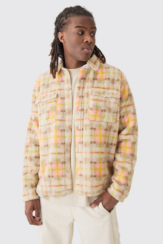 Pastellfarbenes kariertes Overshirt mit Borg-Tasche