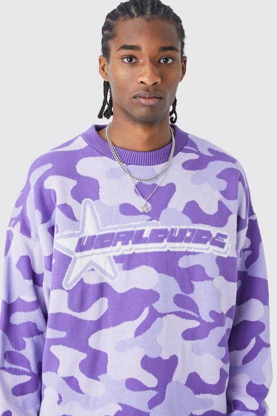 Kastiger Oversize Strickpullover mit Camouflage-Print