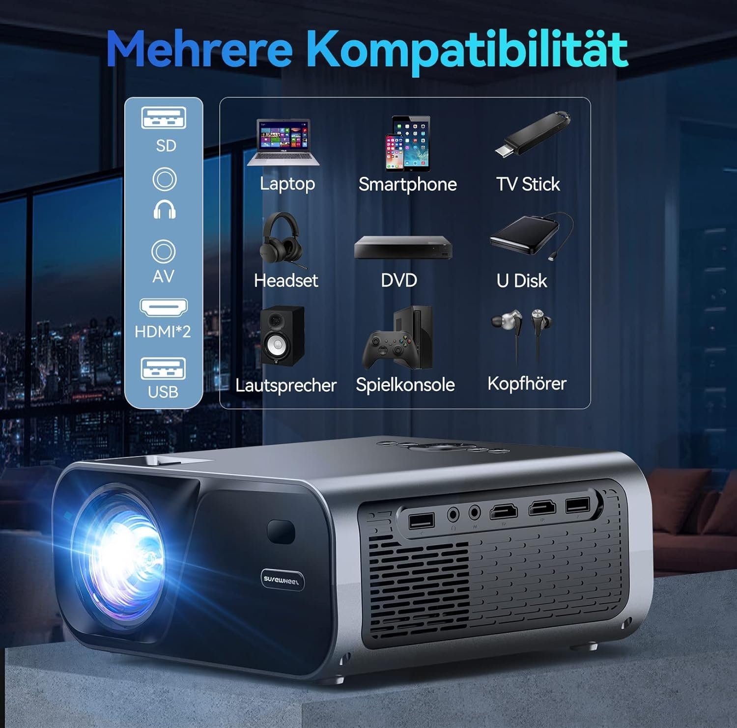 SUREWHEEL Portabler Projektor (1920x1080 px, Trapezkorrektur staubdicht miracast kein dunkler bereich projektor)