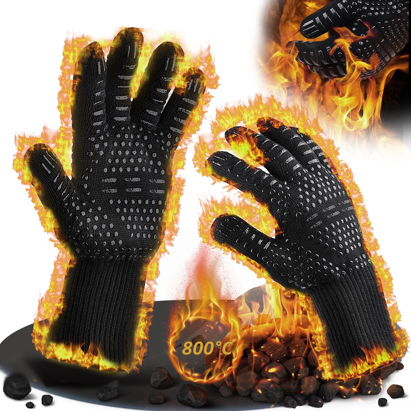 CALIYO Grillhandschuhe Grillhandschuhe Hitzebeständig 800 Grad, mit Silikonbeschichtung, Rutschfeste Waschbare, für Grill,BBQ,Backen