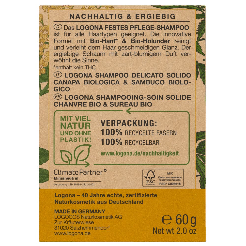 LOGONA Festes Pflege Shampoo Bio-Hanf & Bio-Holunder 60 g