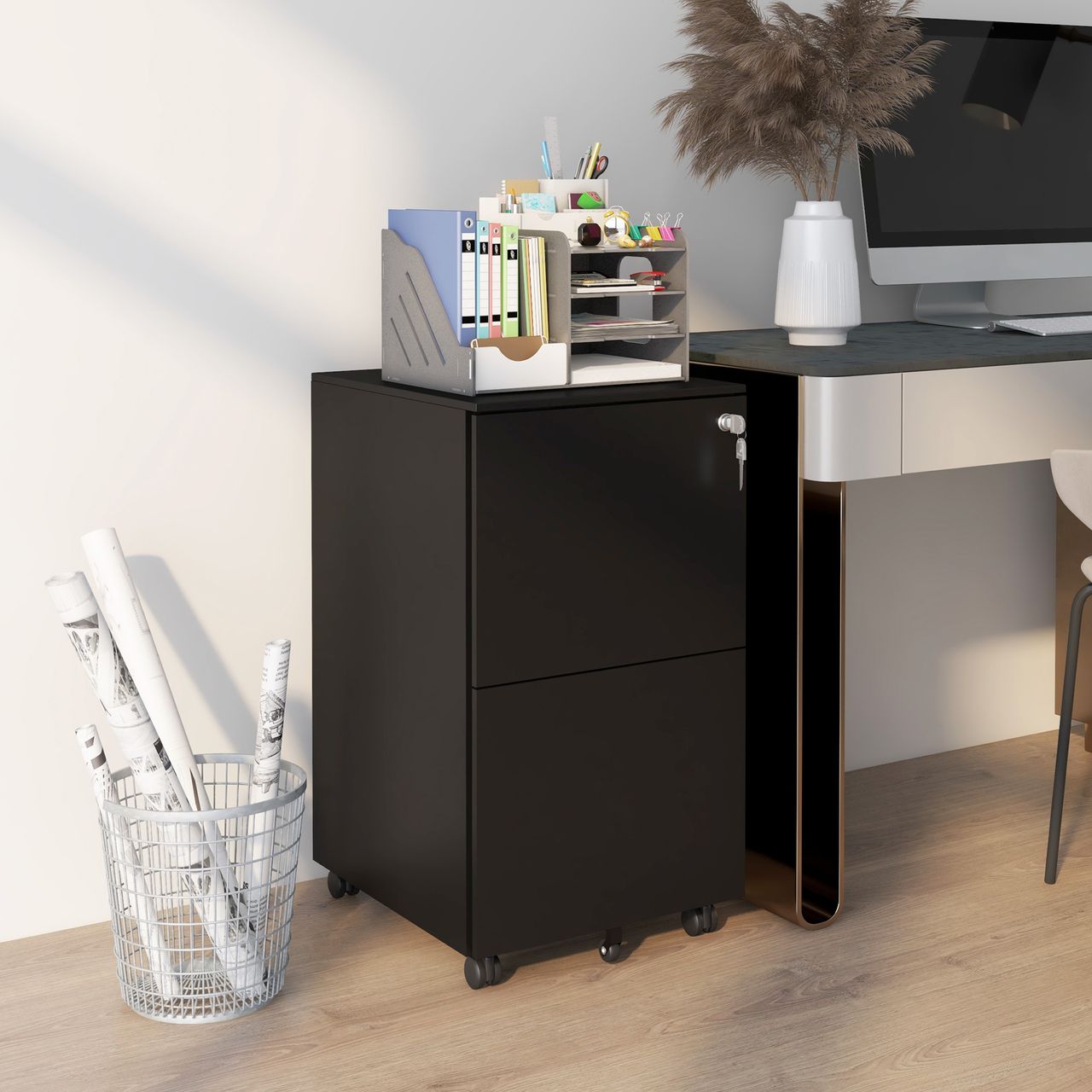 Vinsetto Rollcontainer Aktenschrank mit 2 Schubladen, Abschließbarer Büroschrank