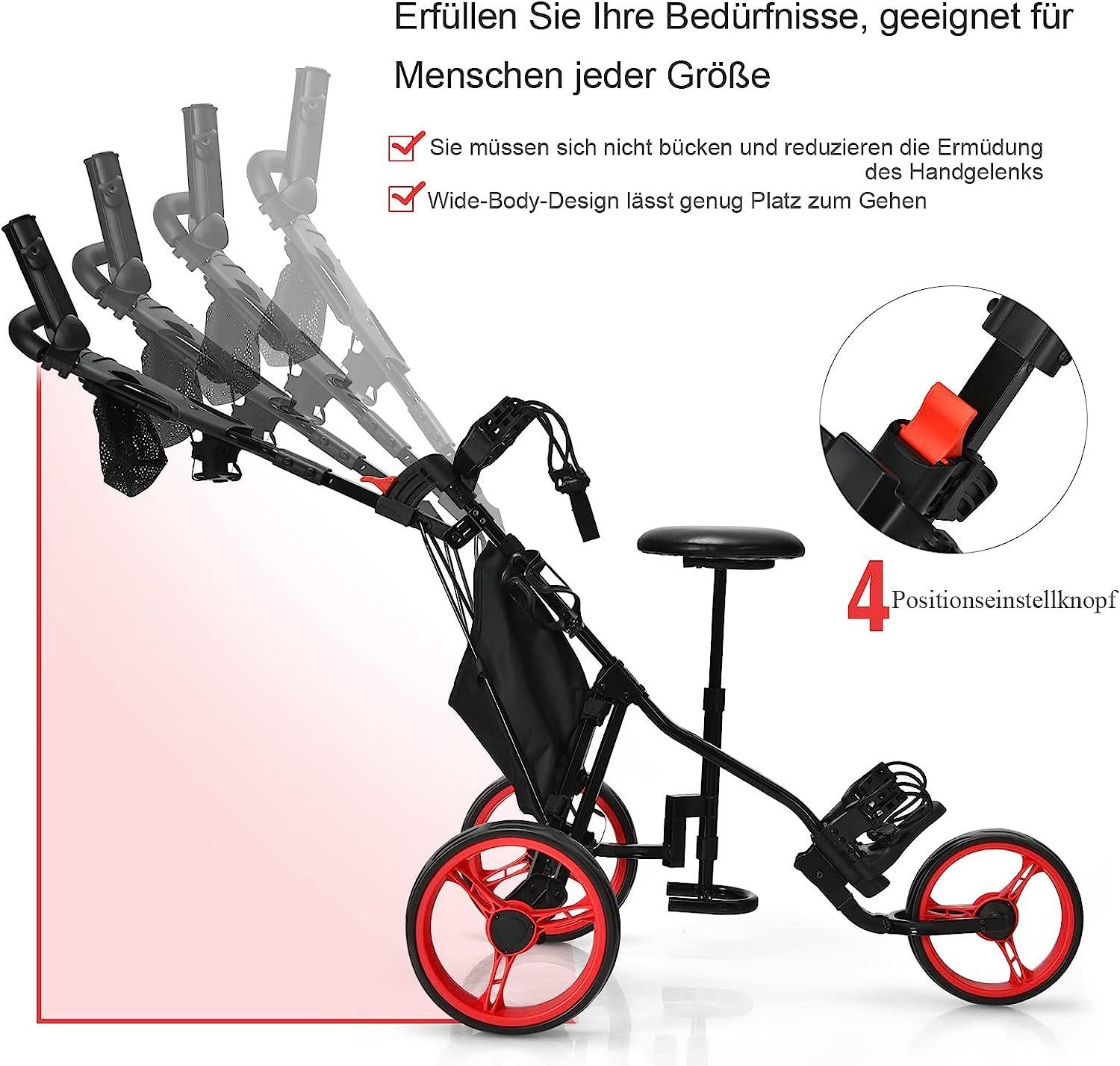 KOMFOTTEU Golftrolley Golfwagen, 3-Rad Trolley, mit abnehmbarem Sitz
